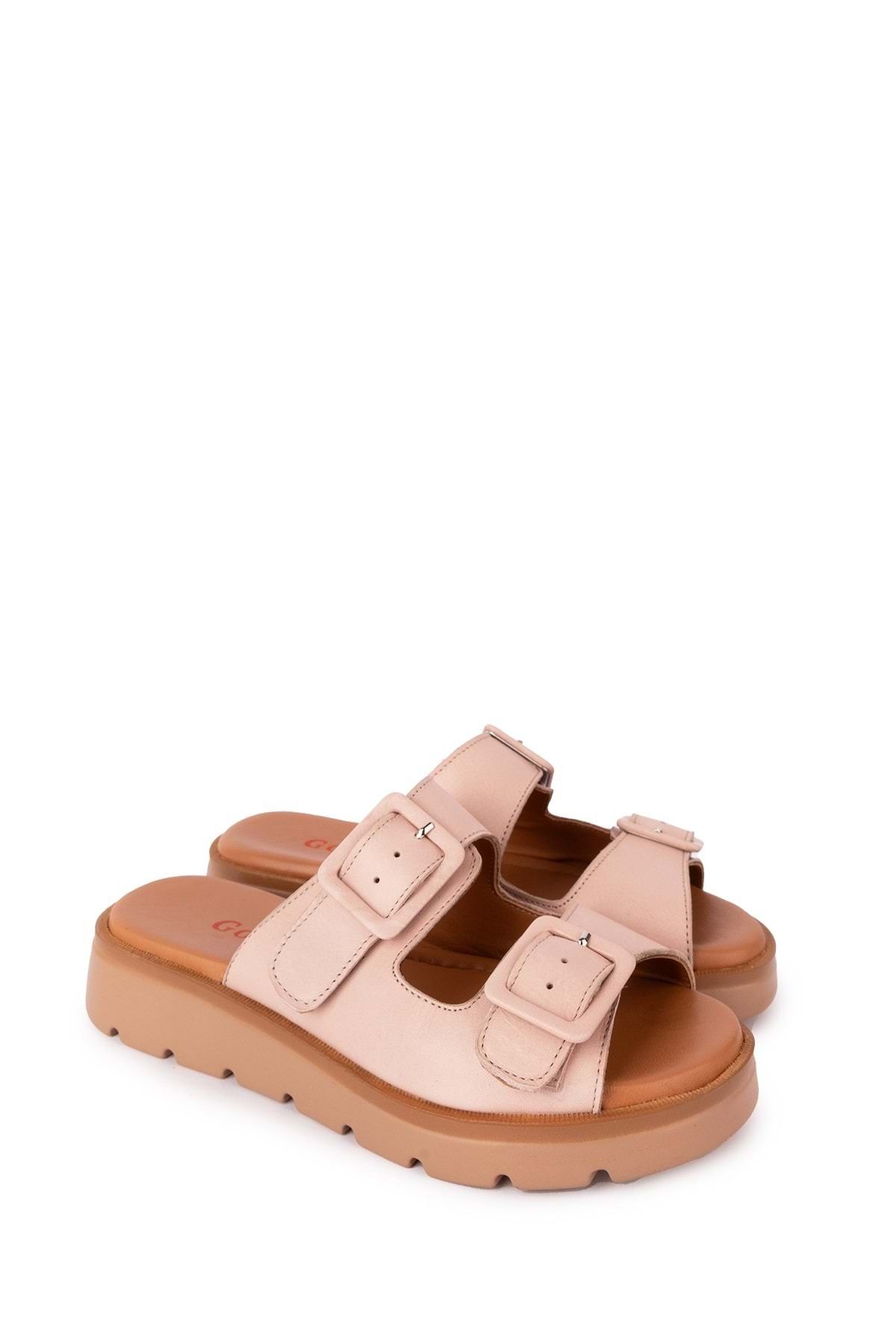 دمپایی صورتی زنانه چرمی اصلی چرم دوتایی Toplik Slipper Mlk.002 Gondol