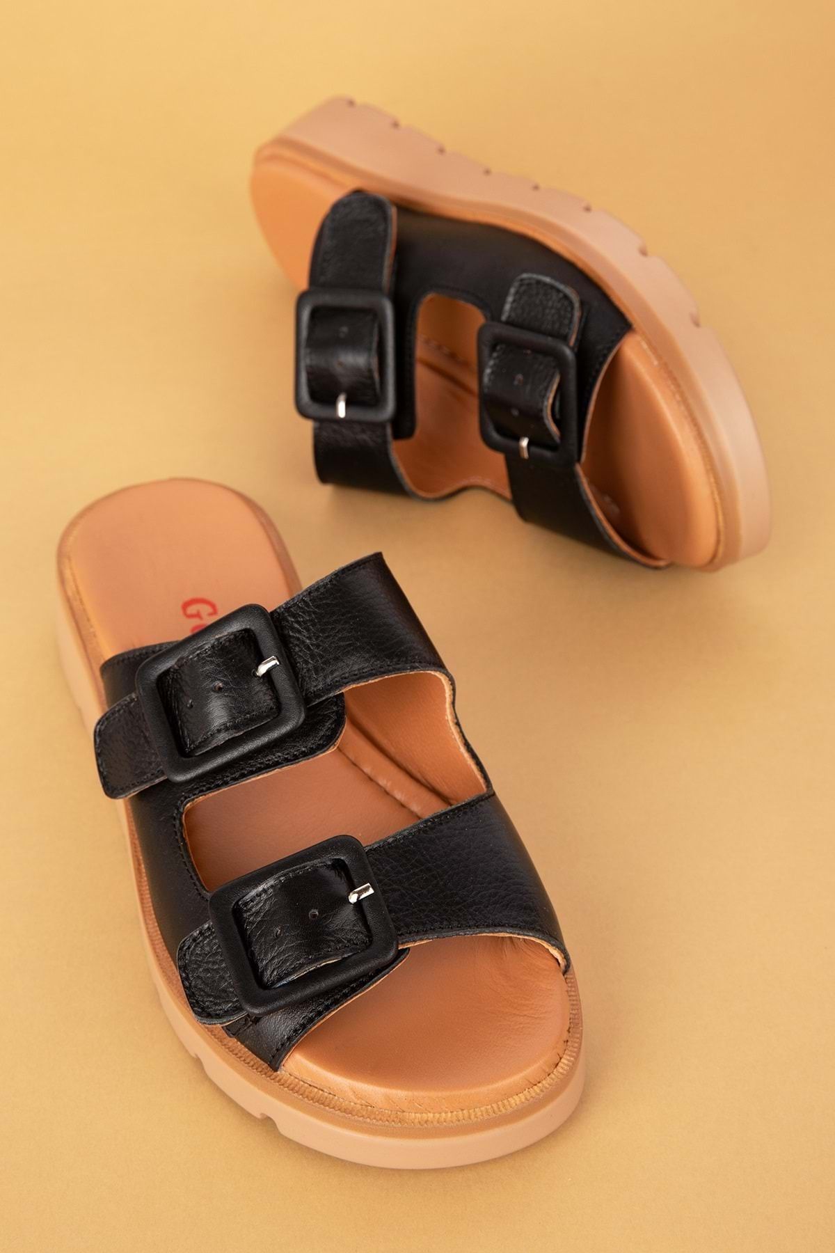 دمپایی سیاه زنانه چرمی اصلی چرم دوتایی Toplik Slipper Mlk.002 Gondol