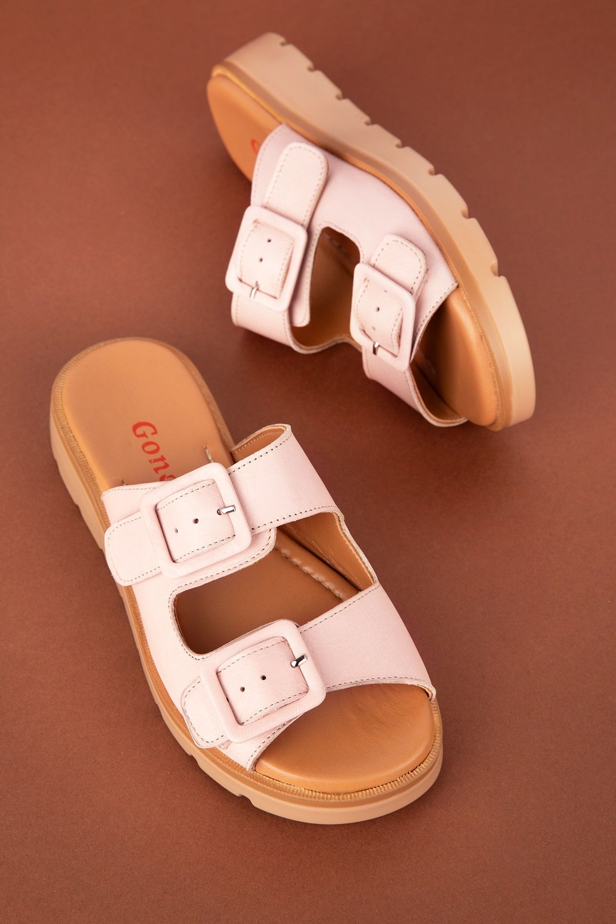 دمپایی صورتی زنانه چرمی اصلی چرم دوتایی Toplik Slipper Mlk.002 Gondol