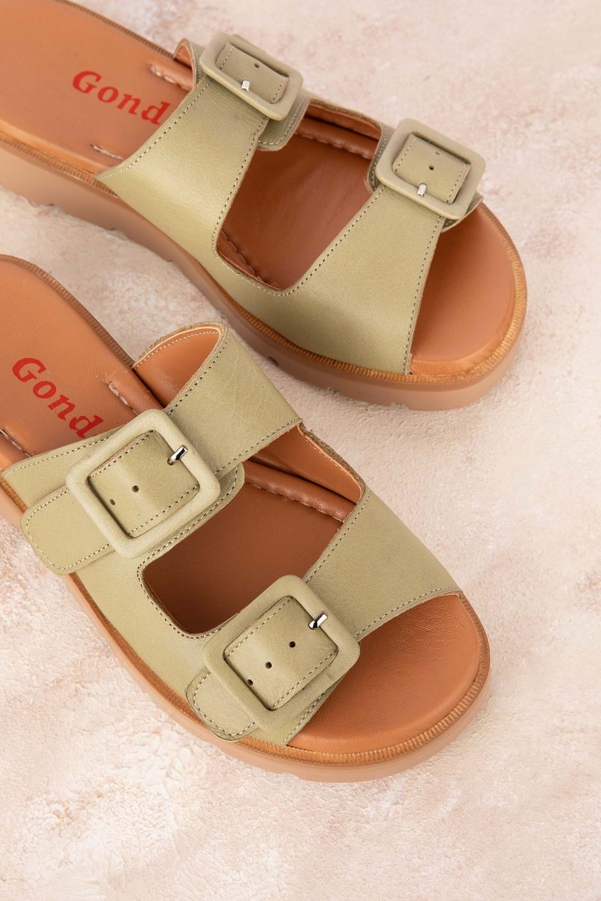 دمپایی سبز زنانه چرمی اصلی چرم دوتایی Toplik Slipper Mlk.002 Gondol