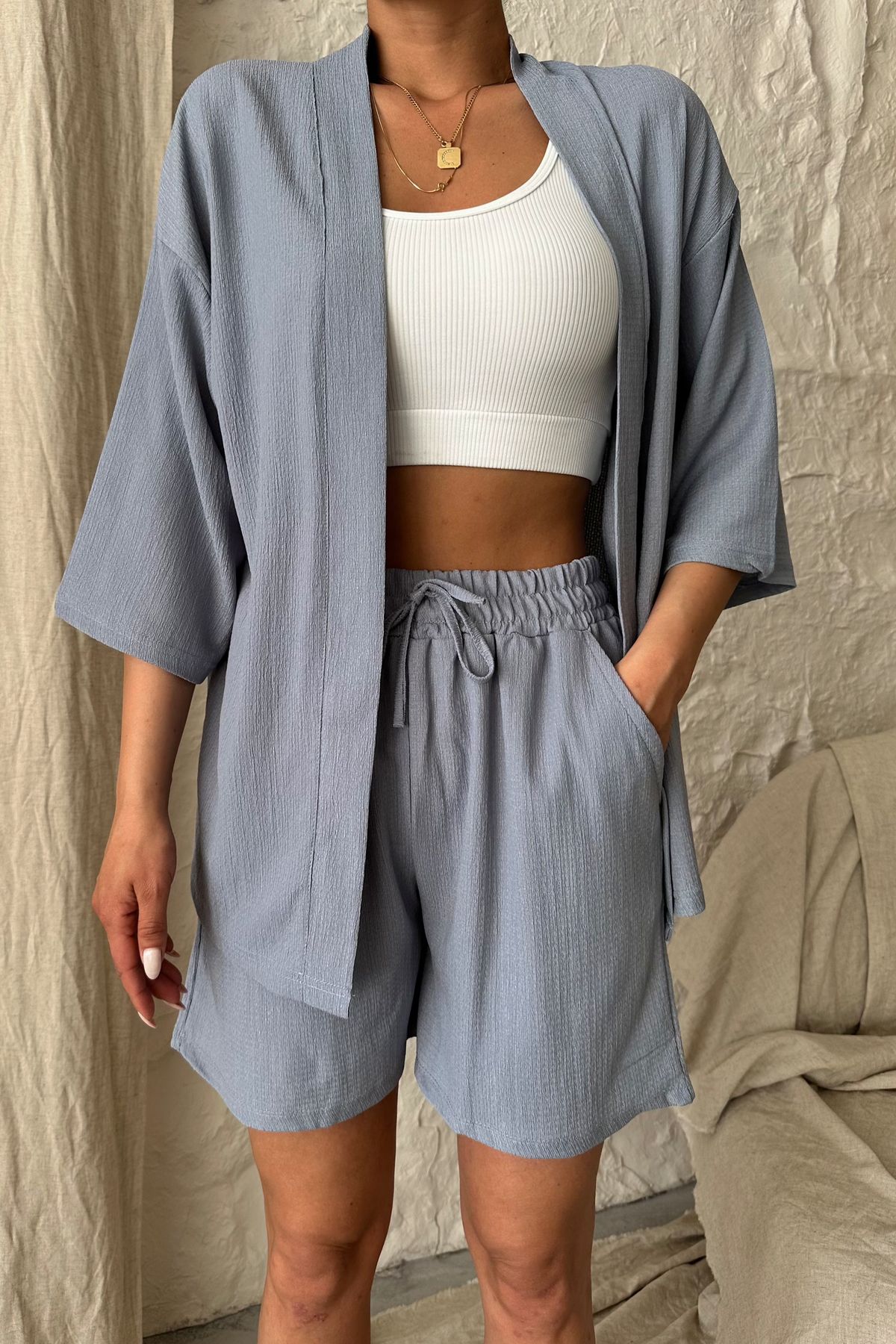 MODAGEN-Set de cămașă gri Kimono pentru femei, de sus și de jos 2