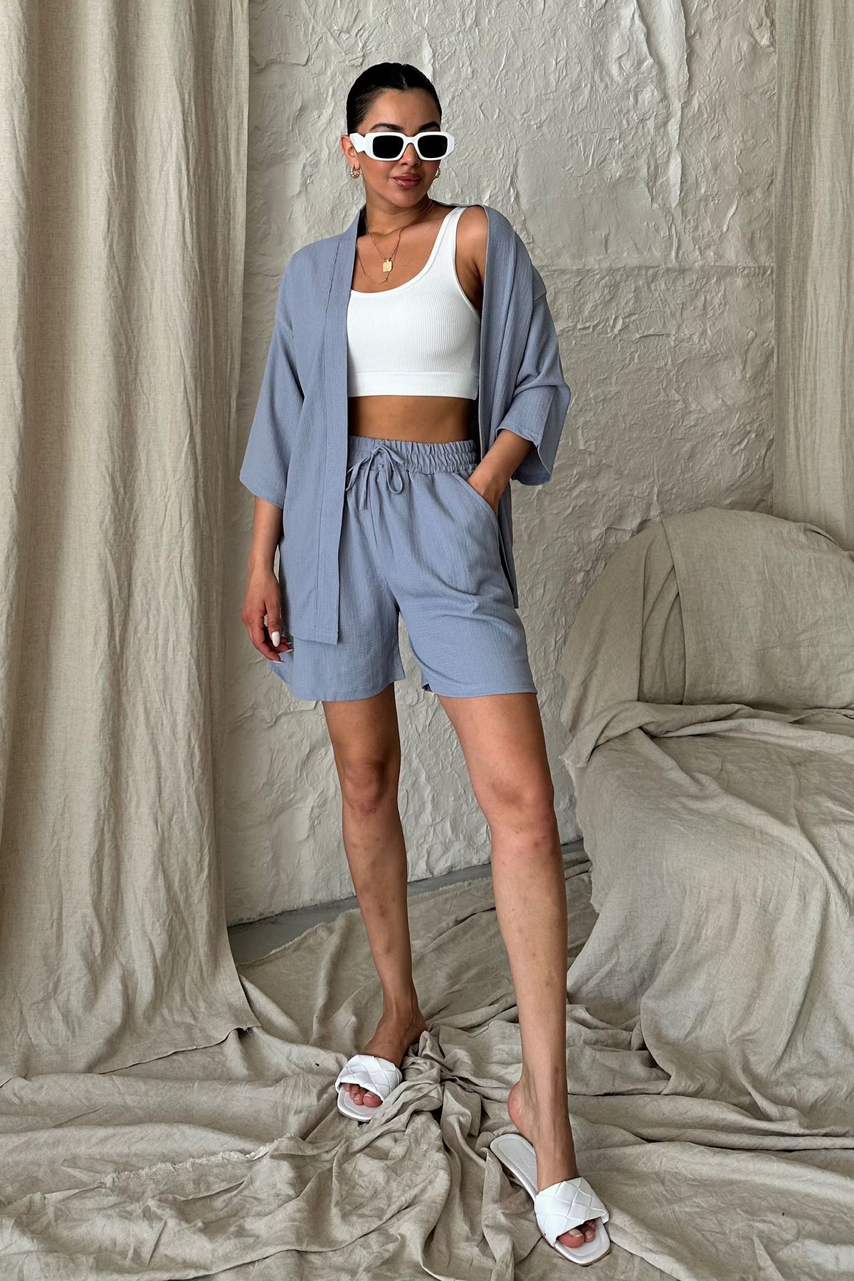 MODAGEN-Set de cămașă gri Kimono pentru femei, de sus și de jos 4