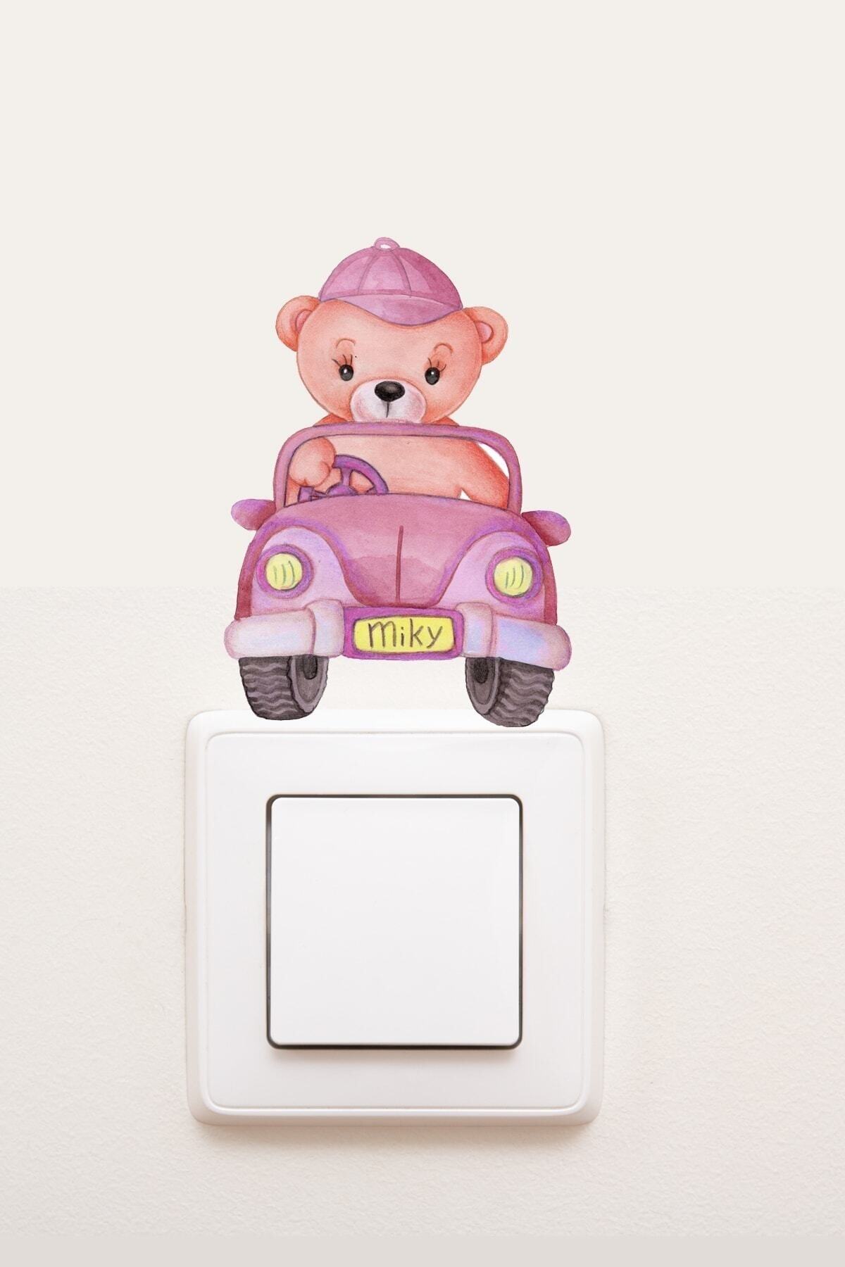 Priz  Pembe Arabalı Ayıcık Çocuk Odası Dekoratif Priz Sticker