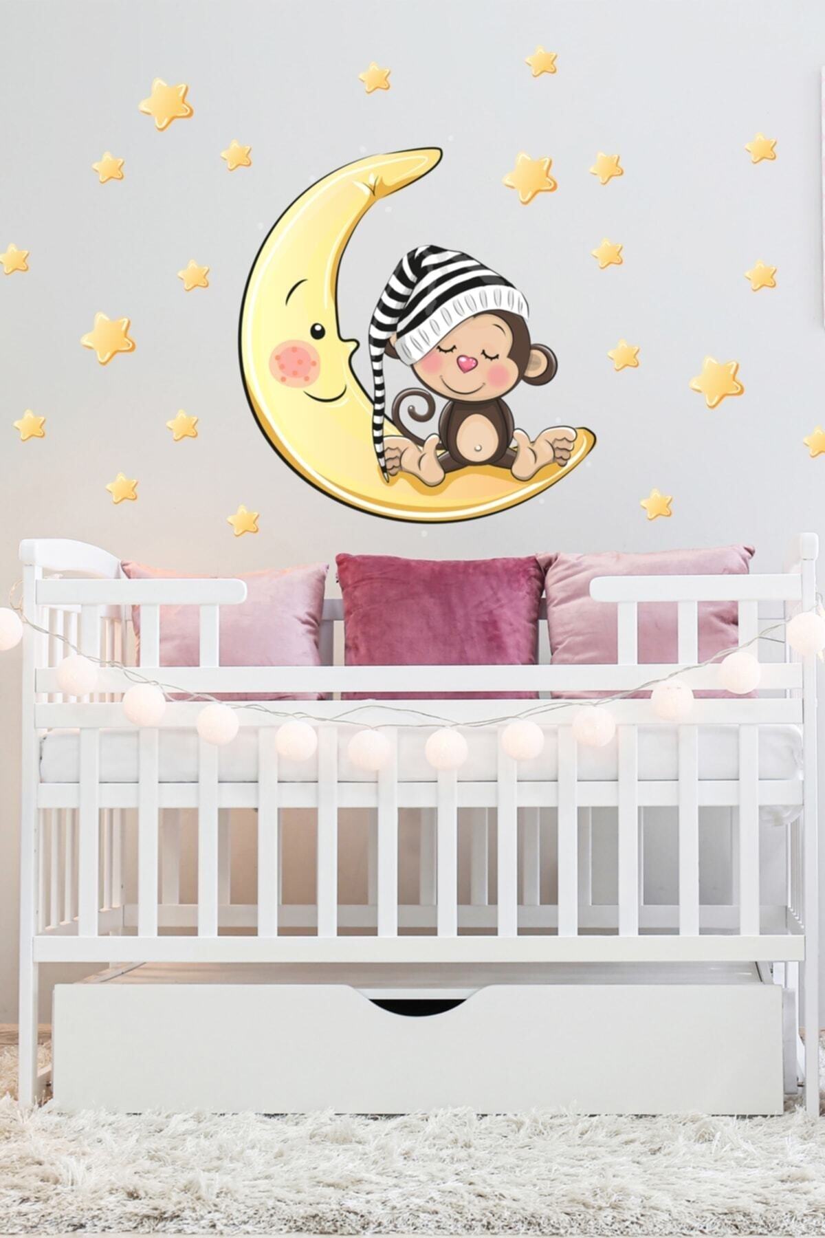 Sarı Ay Üzerinde Uyuyan Şapkalı Maymun Ve Yıldızlar Çocuk Odası Duvar Sticker