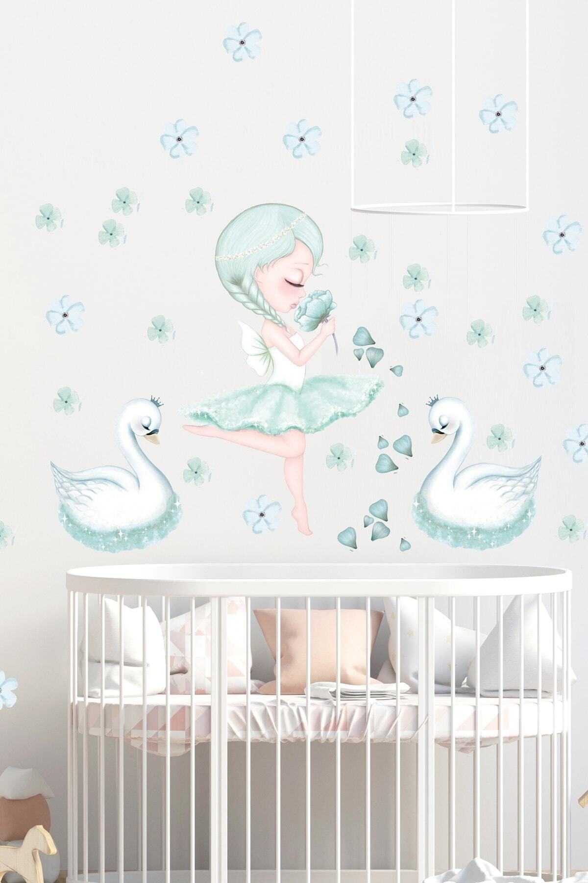 Mint Yeşili Sim Perisi Ve Kuğular Duvar Sticker Seti