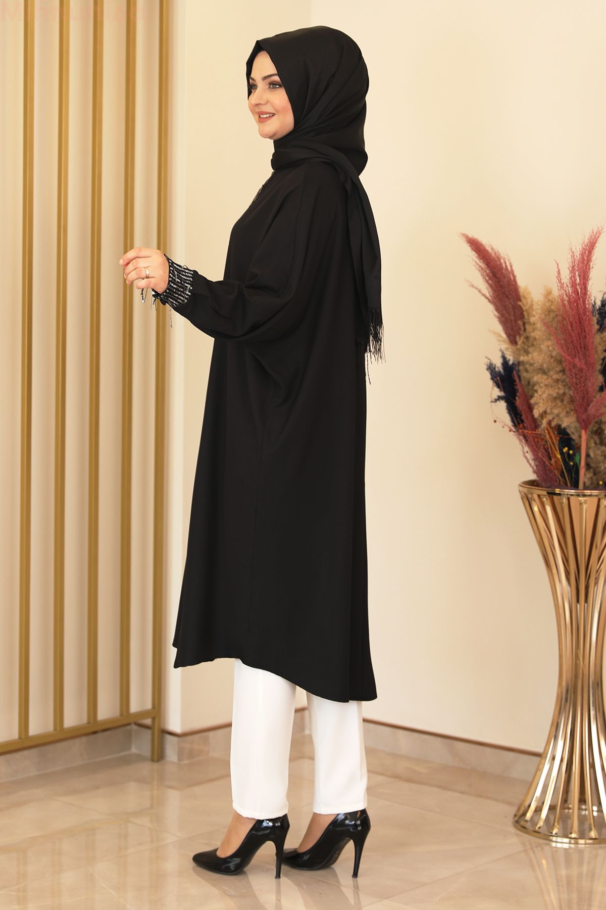 Mihrunisa-تونيك Alya Ferace بتفاصيل من الترتر - أسود 4