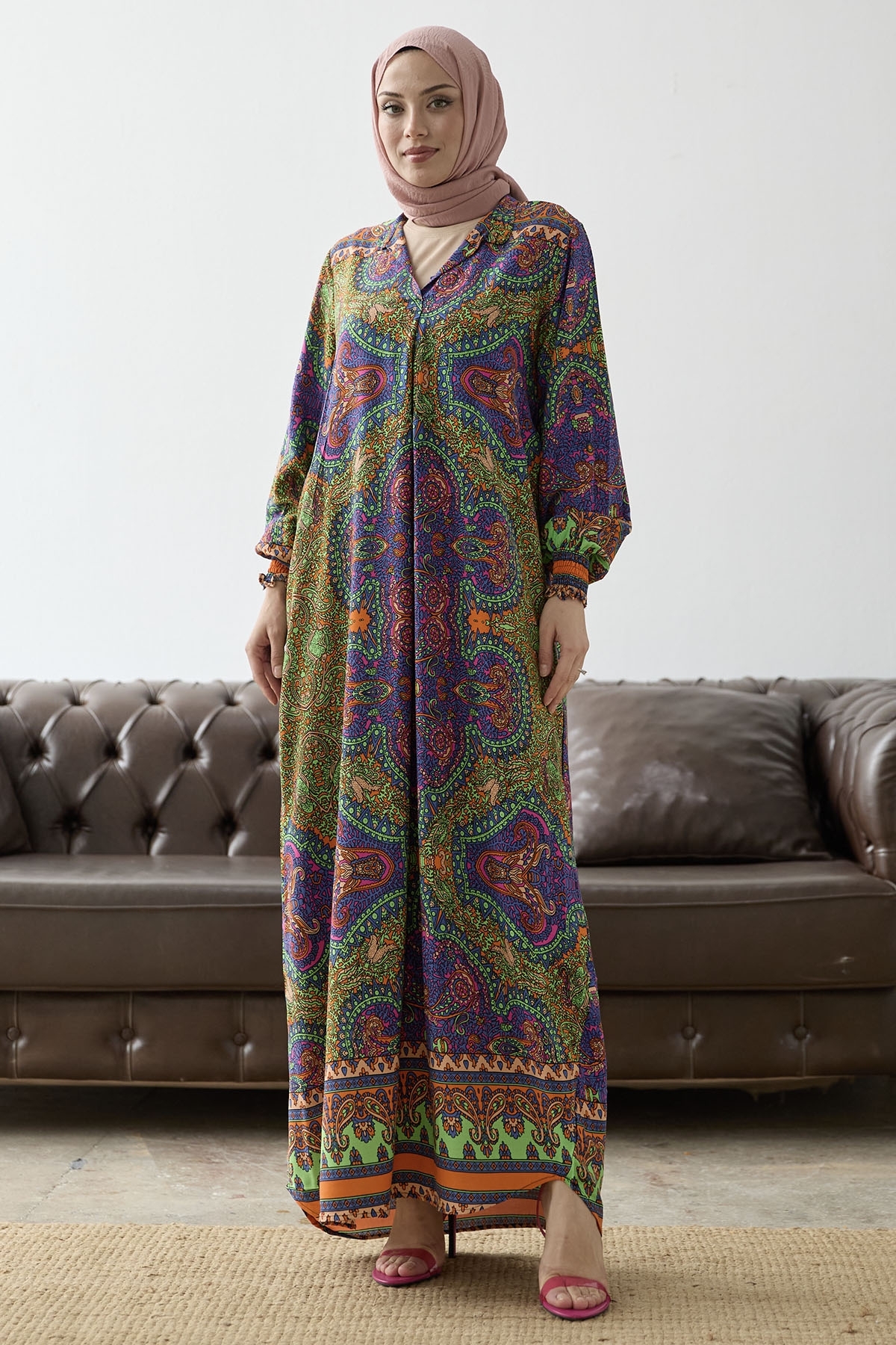 InStyle Judge Collar Ethnic Pattern Viscose Dress - Orange