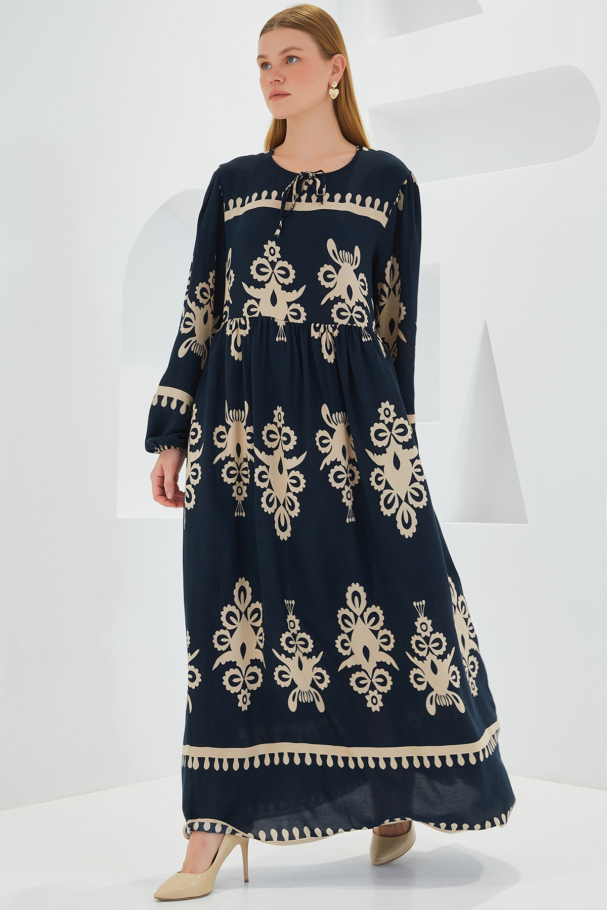 Bigdart Women's Black Cream Patterned Long Viscose Dress 1947