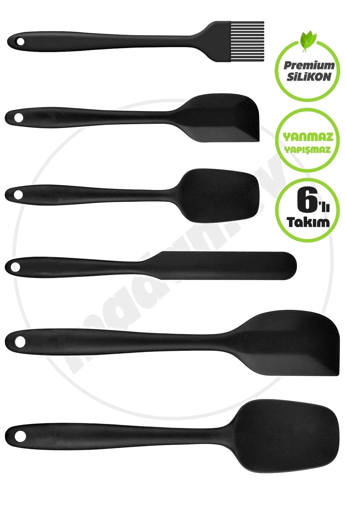 Genel Markalar 6lı Silikon Fırça Spatula Servis Takımı Yanmaz Yapışmaz Siyah Fırçası Kaşık Bıçak Spatula