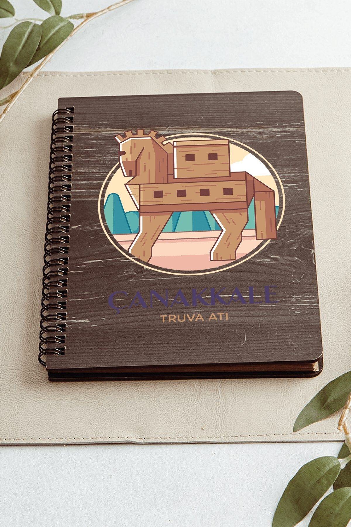 SaltanArt-Çanakkale Trojan Horse City Design Wooden Cover Notebook Kraft Paper Special Design Gift 2