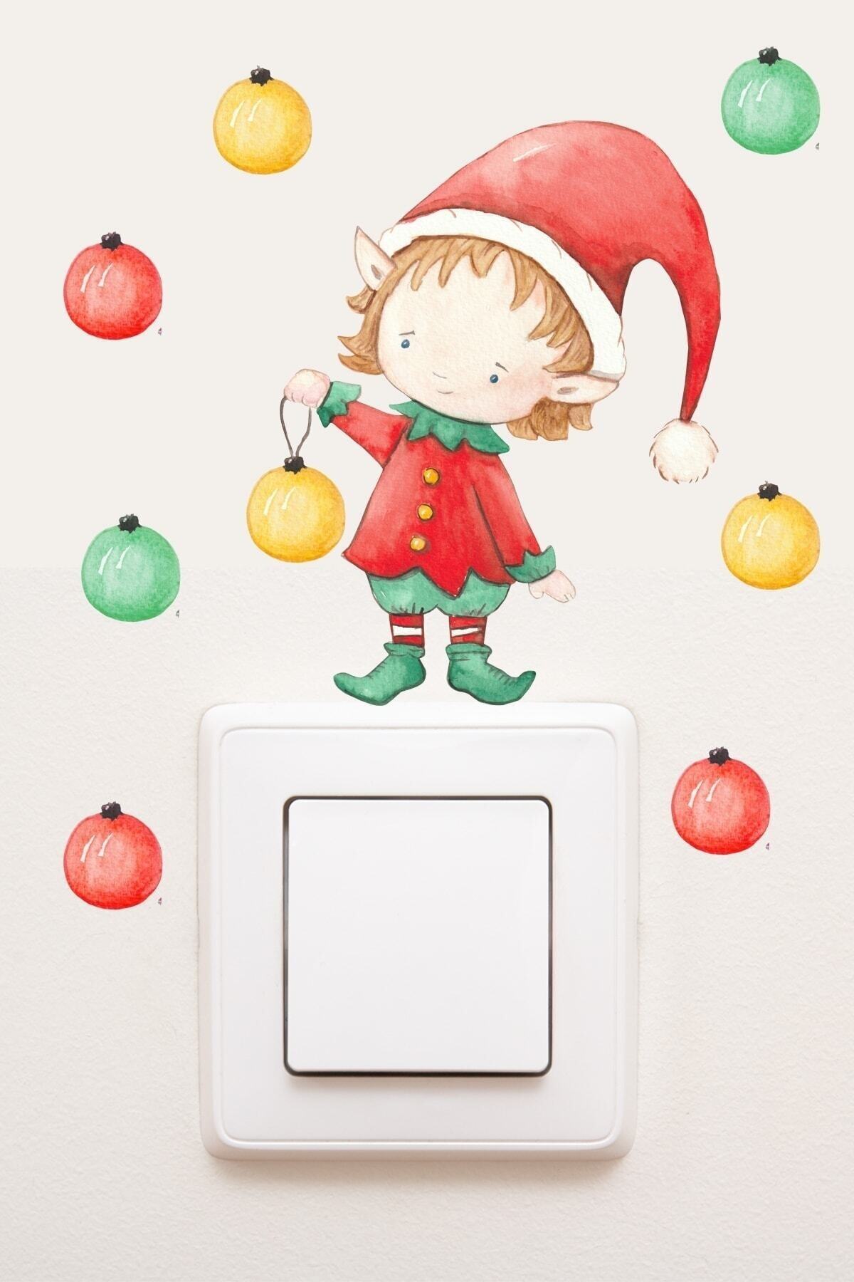 Priz  Yeniyıl Sevimli Elf Ve Yılbaşı Topları Dekoratif Priz Sticker  0