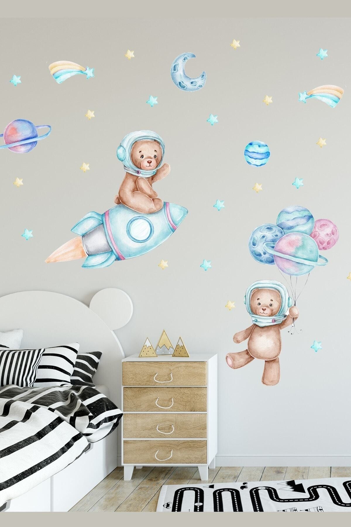 Sım Astronot Ayıcıklar Ve Gezegenler Uzay Tema Çocuk Odası Duvar Sticker Seti