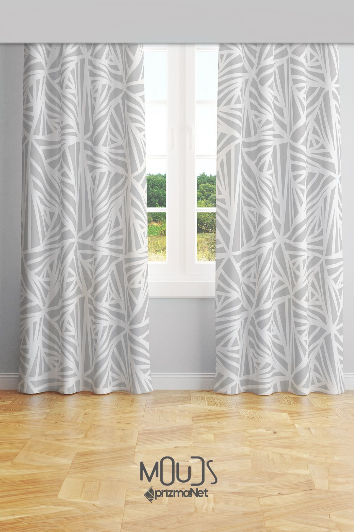 Moud's-White Triangle Patterned Suede Living Room Hall Background Curtain Printed Extrafor Drawstring 2 Sash PRD-1071 2