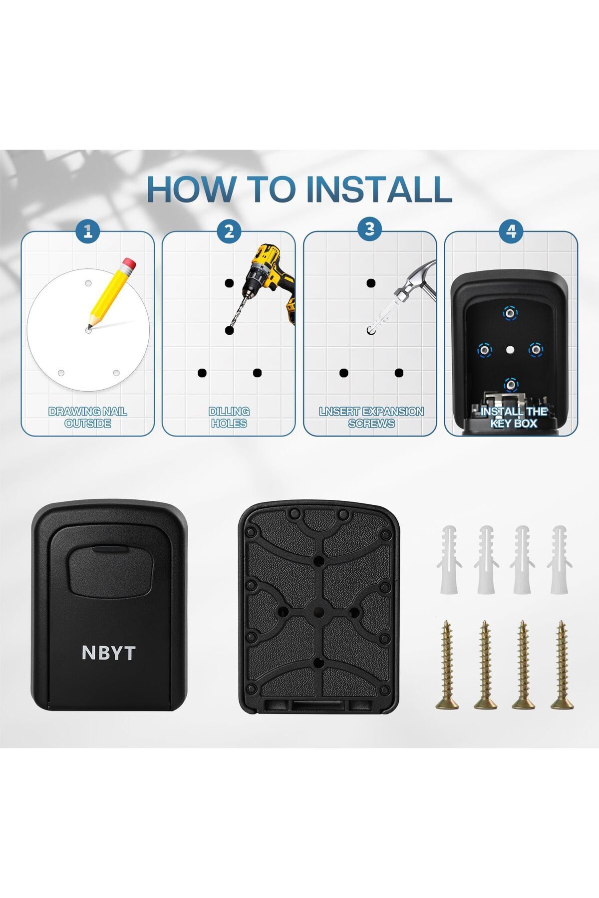 NBYT-Portable Combination Lock Key Box Wall Mount Waterproof Key Storage Box 7