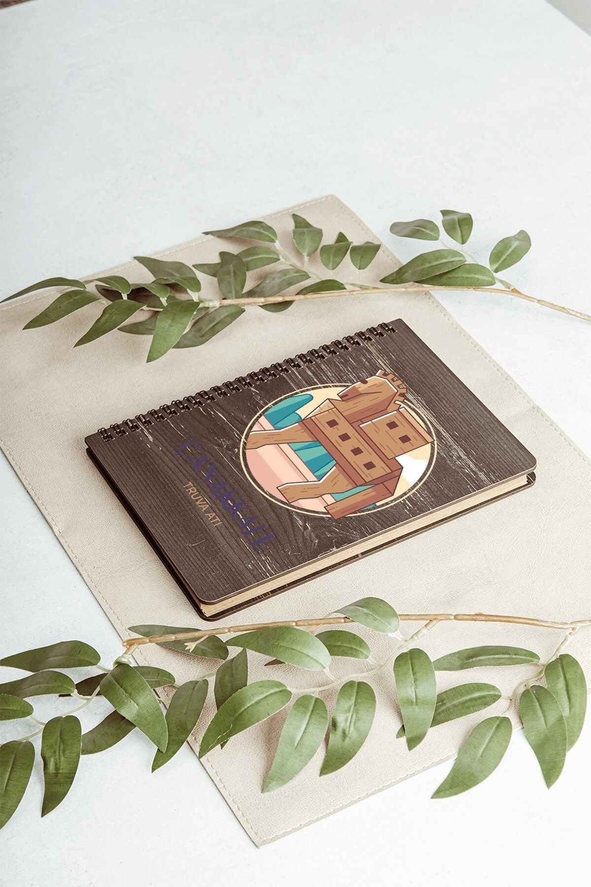 SaltanArt-Çanakkale Trojan Horse City Design Wooden Cover Notebook Kraft Paper Special Design Gift 4