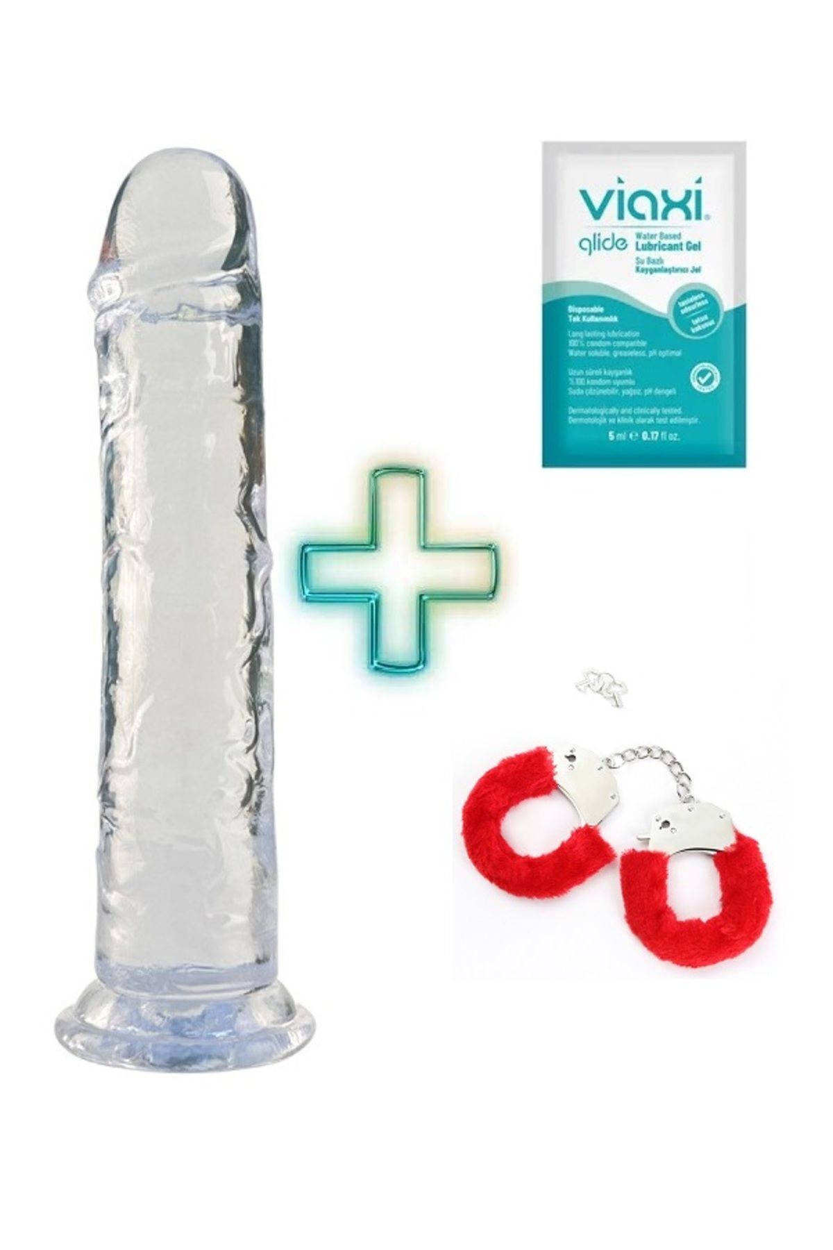 Uzun Şeffaf 25 cm Boyunda Testissiz Dildo Kayganlaştırıcı ve Kelepçe Sepeti 2