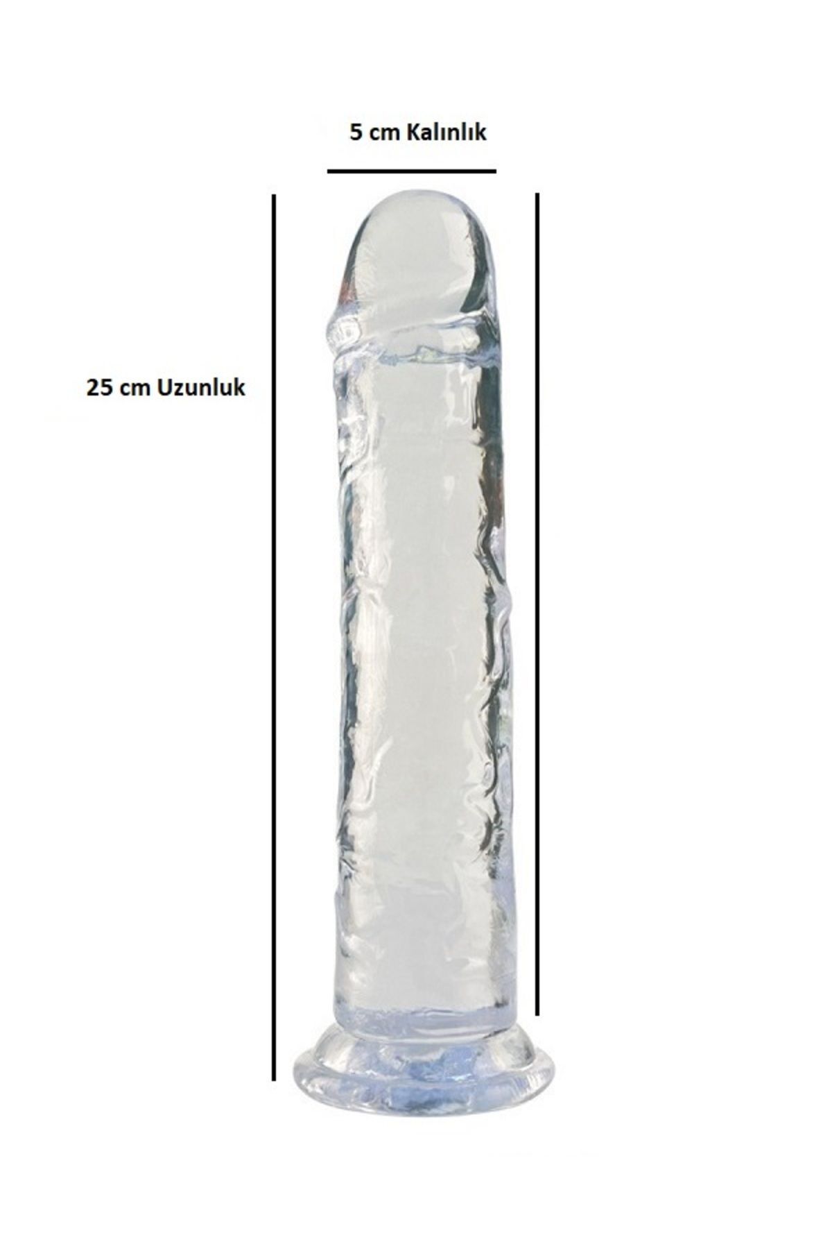 Uzun Şeffaf 25 cm Boyunda Testissiz Dildo Kayganlaştırıcı ve Kelepçe Sepeti