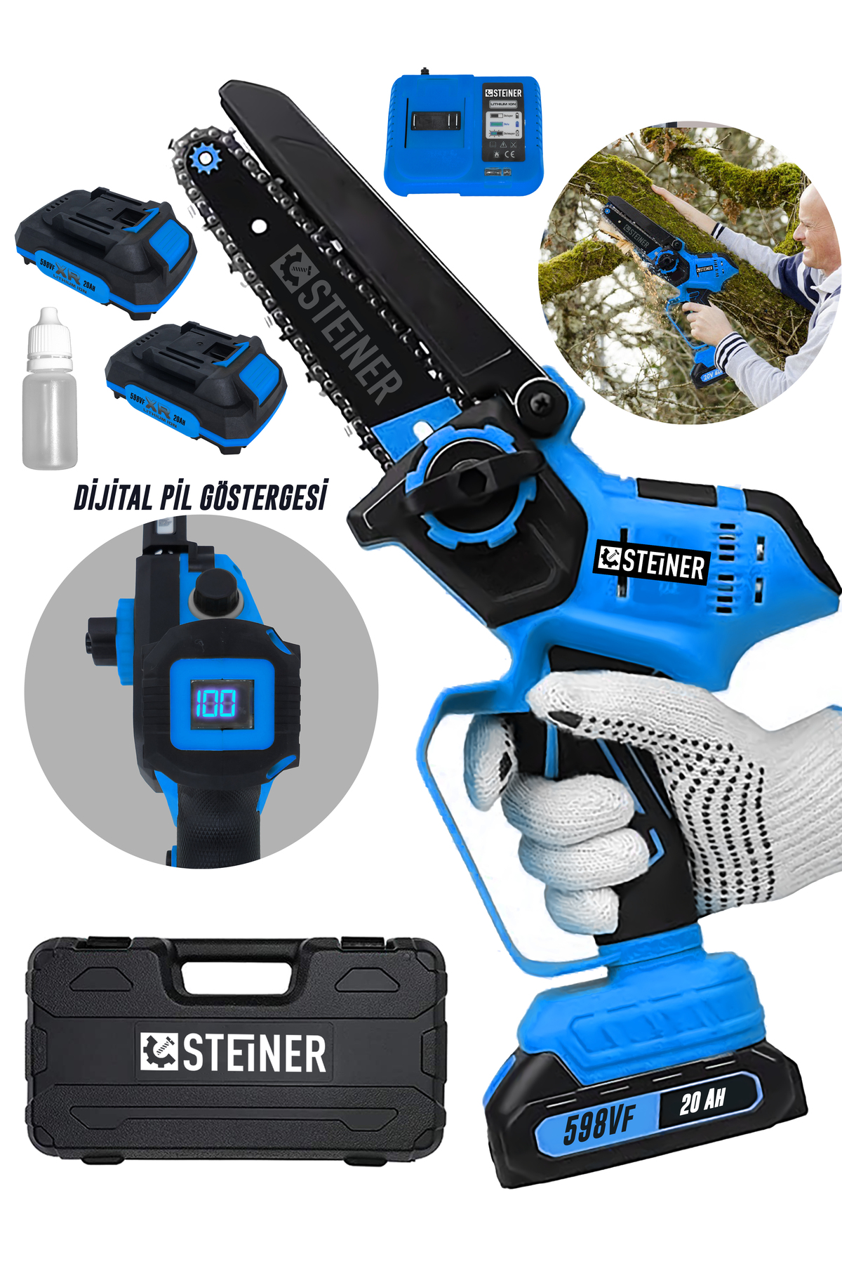 STEİNER Alman 598 Vf Dijital Şarj Göstergeli Karbon Motor Şarjlı Akülü Dal Kesme Budama Testere Makinesi