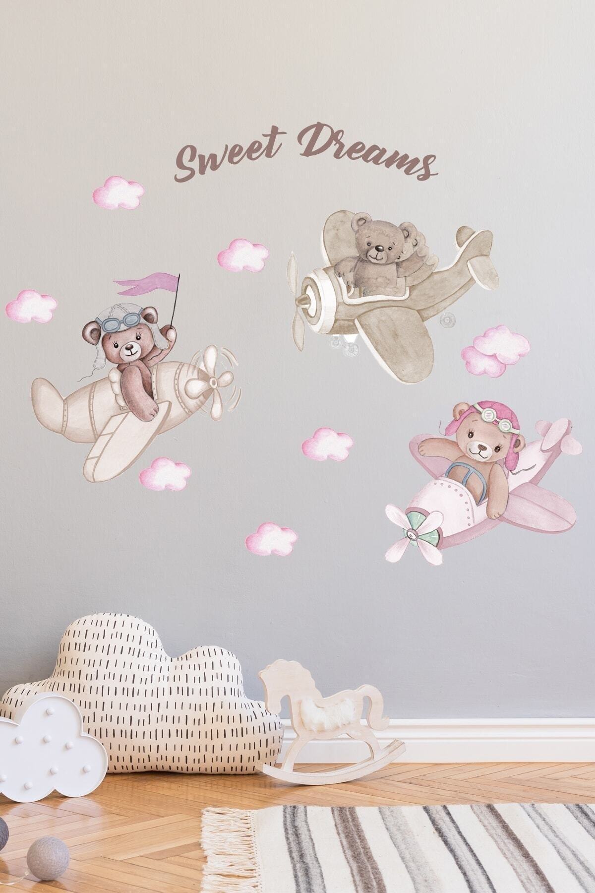 Pembe  Kafadar Pilot Ayılar Duvar Sticker Seti