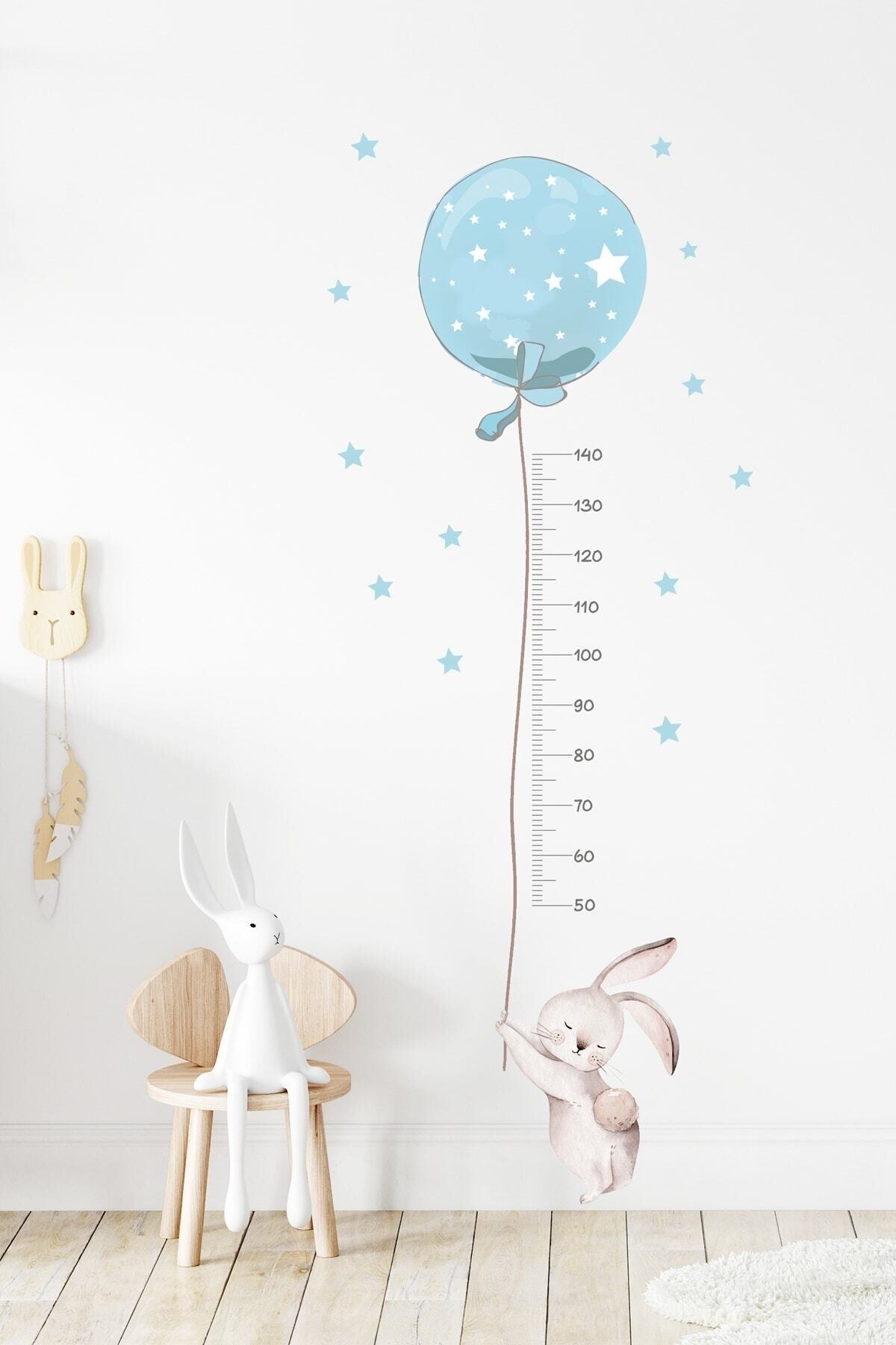 Mavi Balonlu Tavşan Boy Ölçer Duvar Sticker Seti