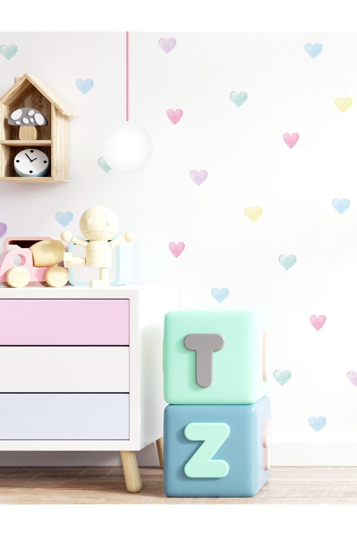 Pastel Suluboya Kalpler Duvar Sticker Set Renkli