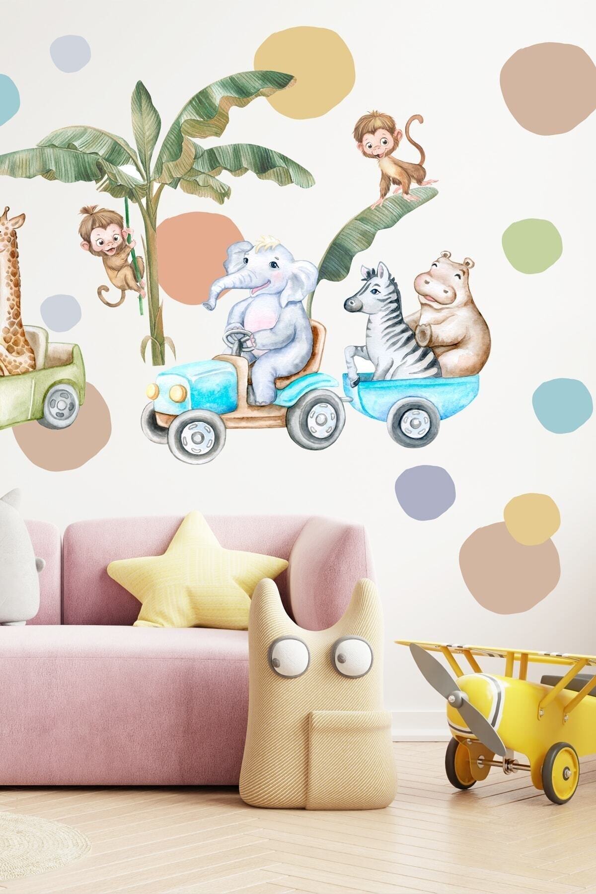 Neşeli Hayvanları Safari Turunda Çocuk Odası Duvar Sticker Seti