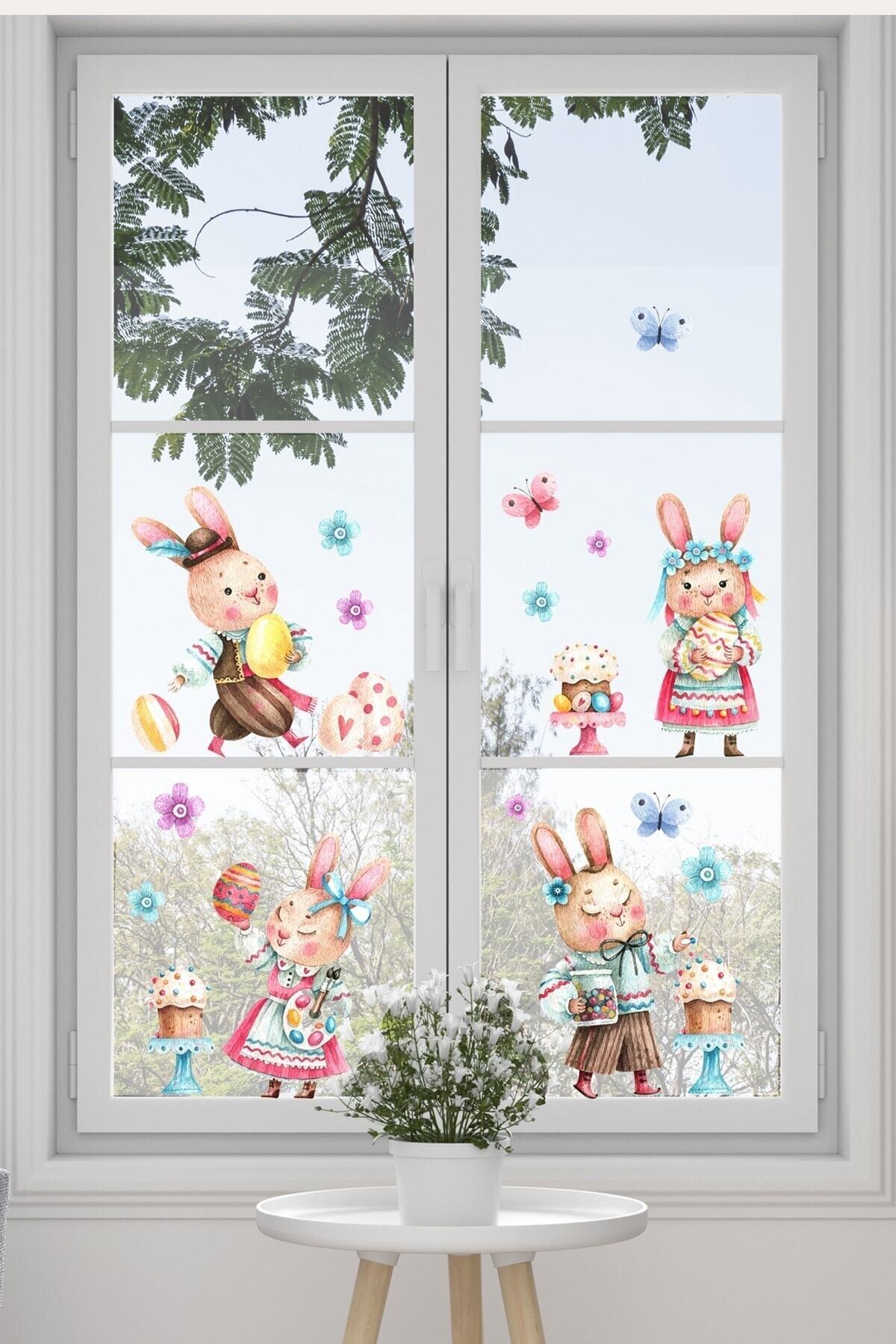 Pastacı Tavşan Ailesi Çocuk Odası Cam Sticker Seti