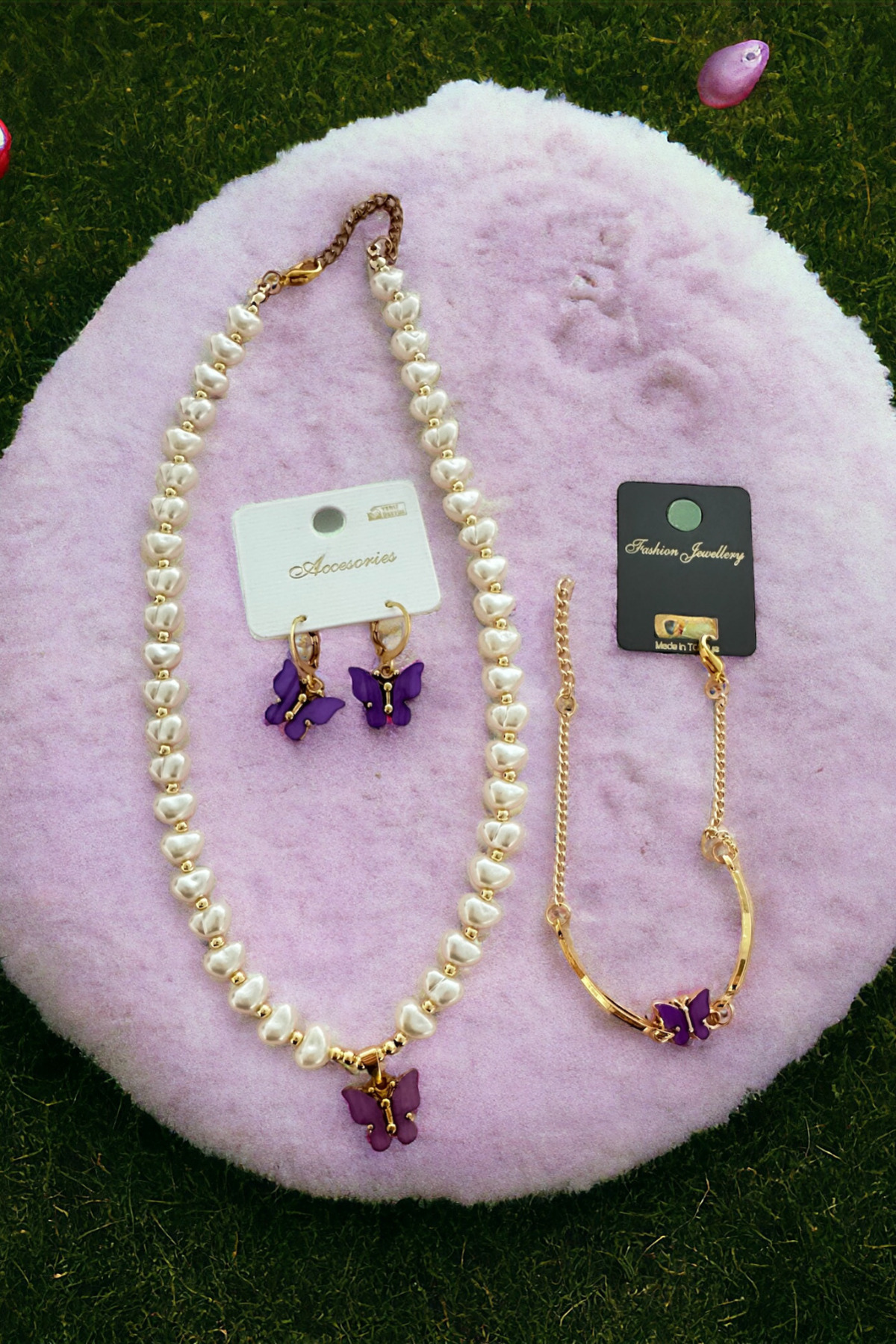 Saltos İncili Mor Kelebekli Kolye Küpe Bileklik Seti Kadın Kolye Küpe Bileklik İncili Kolye Küpe Bileklik