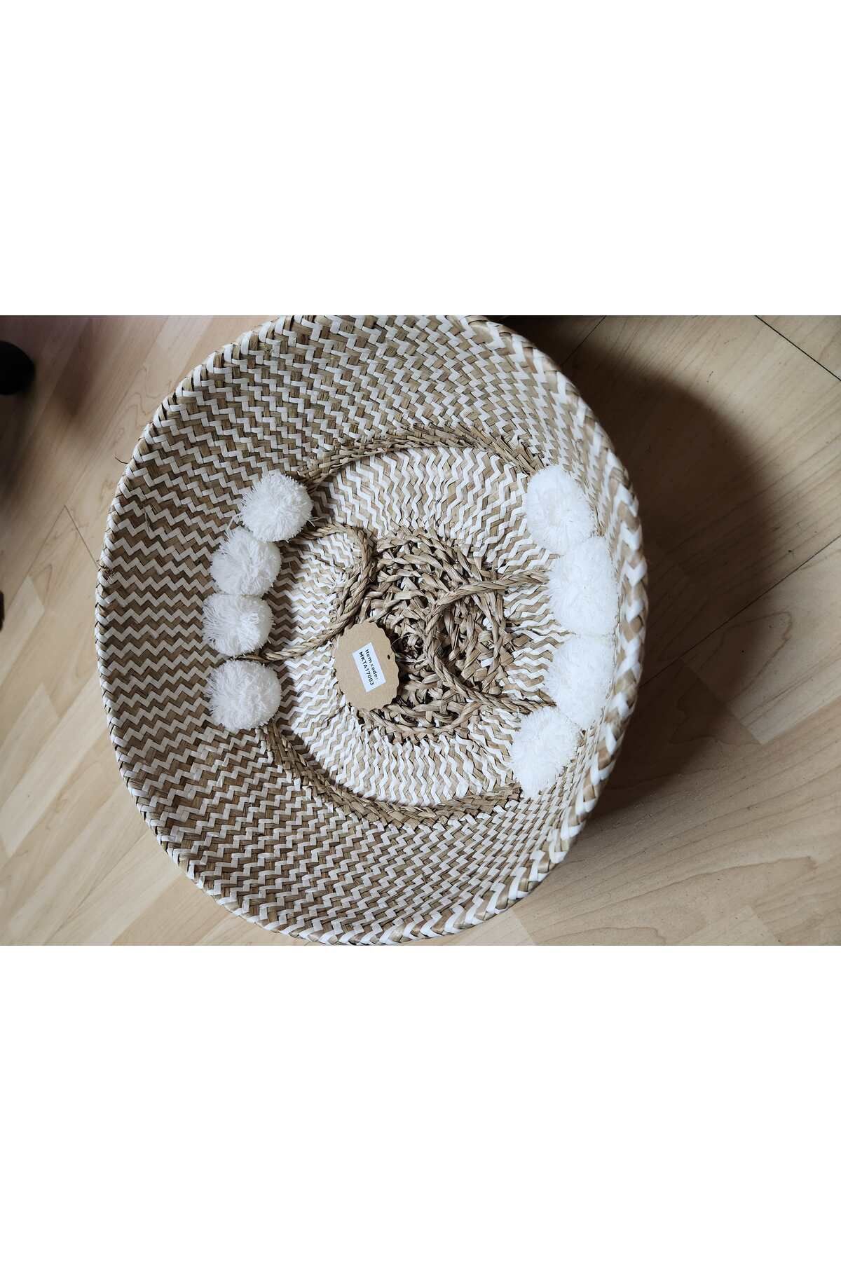 KANCAEV-35cm White Pompom Wicker Basket - with Folding Hub 3