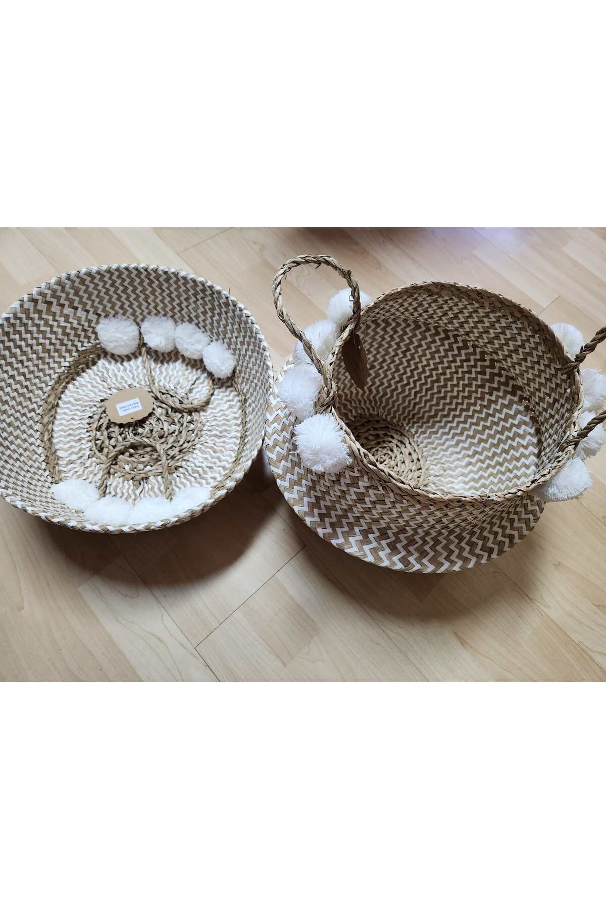 KANCAEV-35cm White Pompom Wicker Basket - with Folding Hub 2