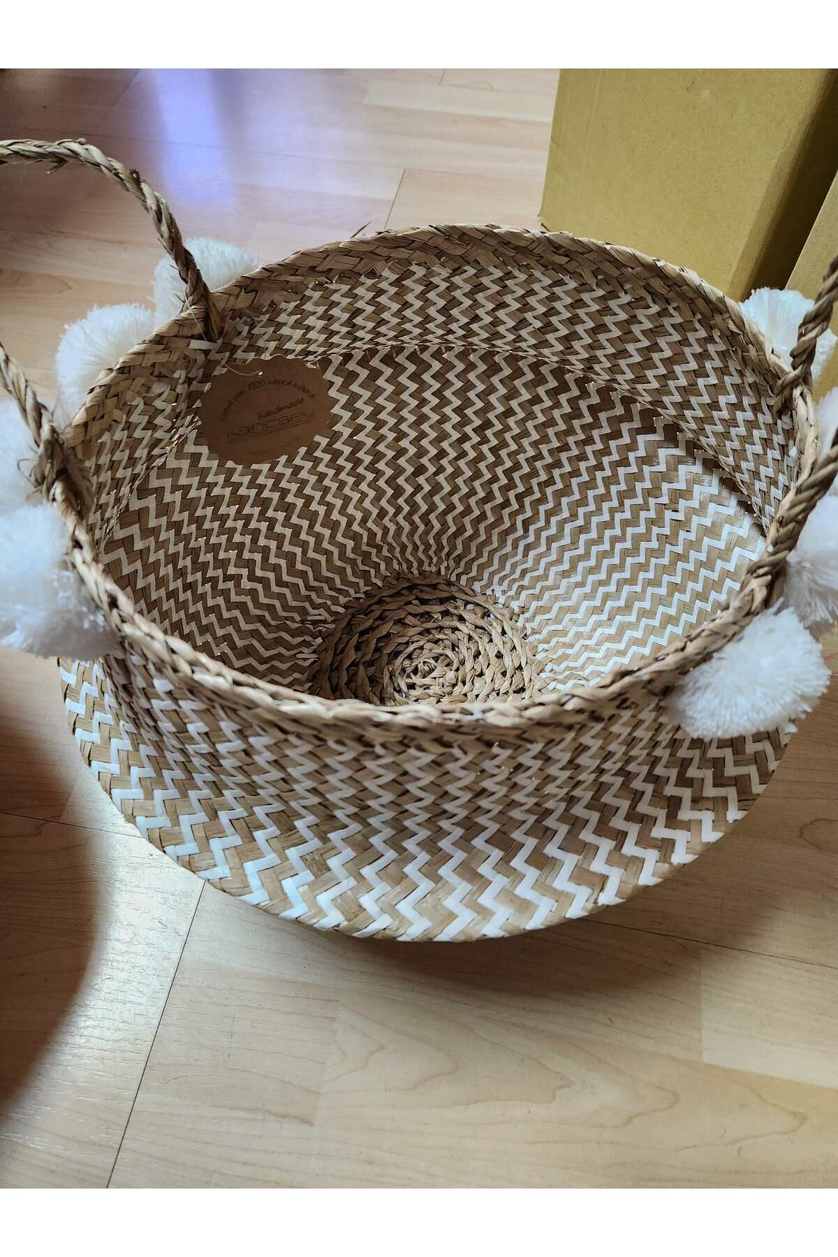 KANCAEV-35cm White Pompom Wicker Basket - with Folding Hub 4