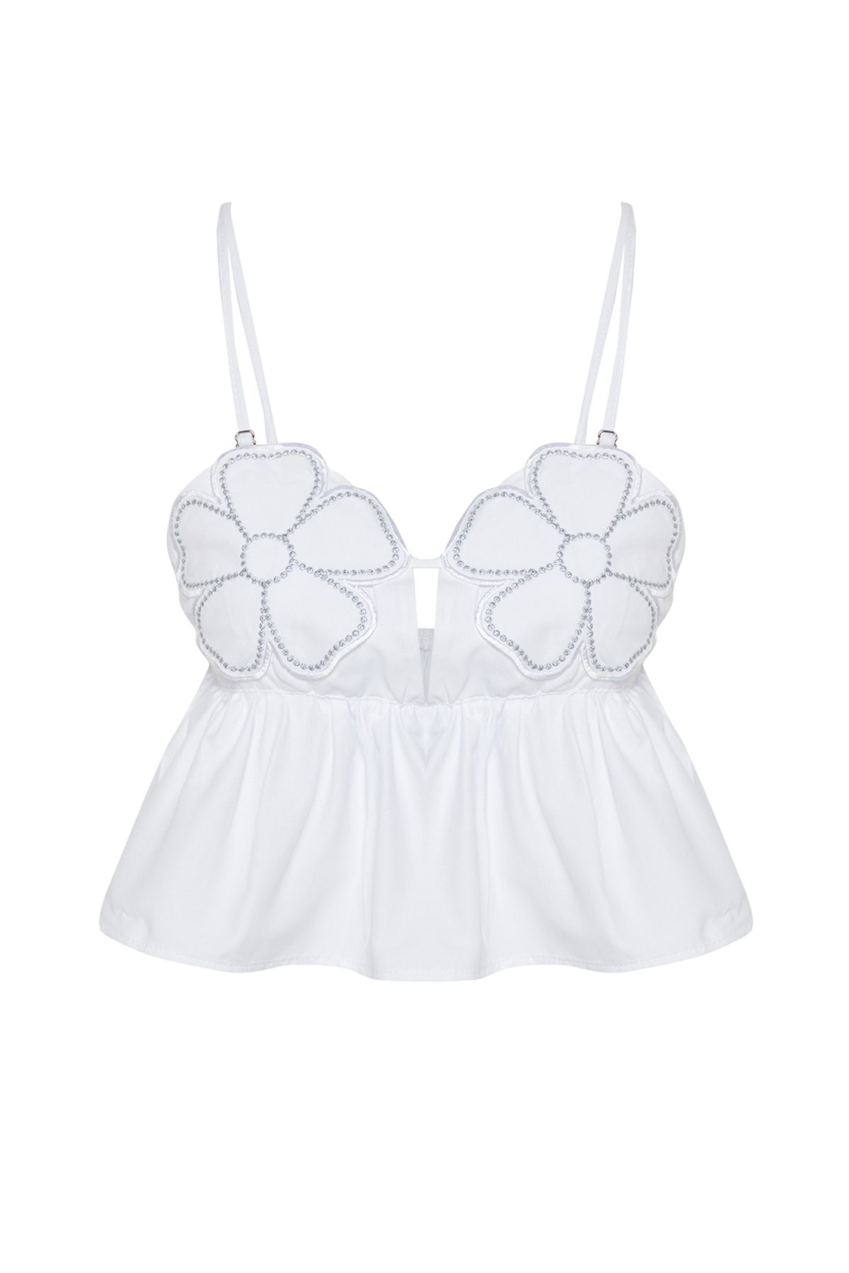 Trendyol Collection-Λευκή Crop Μπλούζα με κέντημα λουλουδιών - TPRSS24BZ00030 1