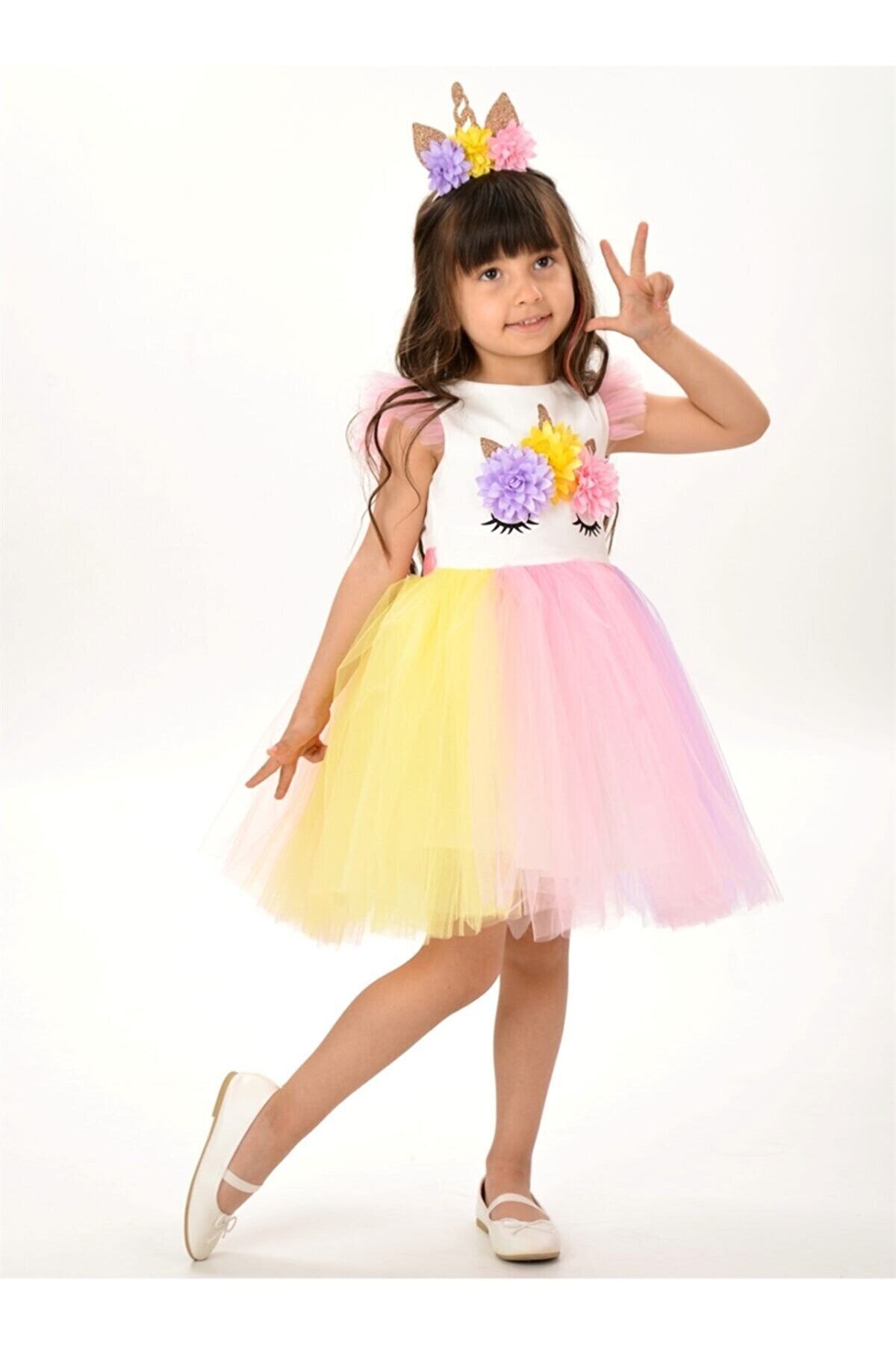Buse&Eylül Bebe Unicorn Taçlı Rengarenk Kız Çocuk Parti Elbisesi fotoğrafı 3 (önizleme)
