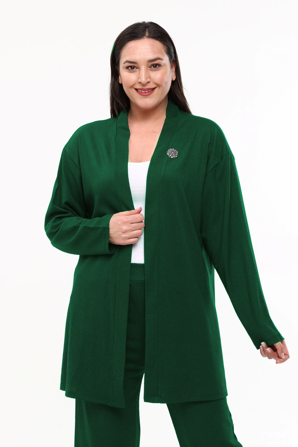 Laden Set De Două Piese Cardigan Pantaloni Din Țesătură Șifonată De Primăvară Pentru Femei De Mărime Mare Femeie - 46–48