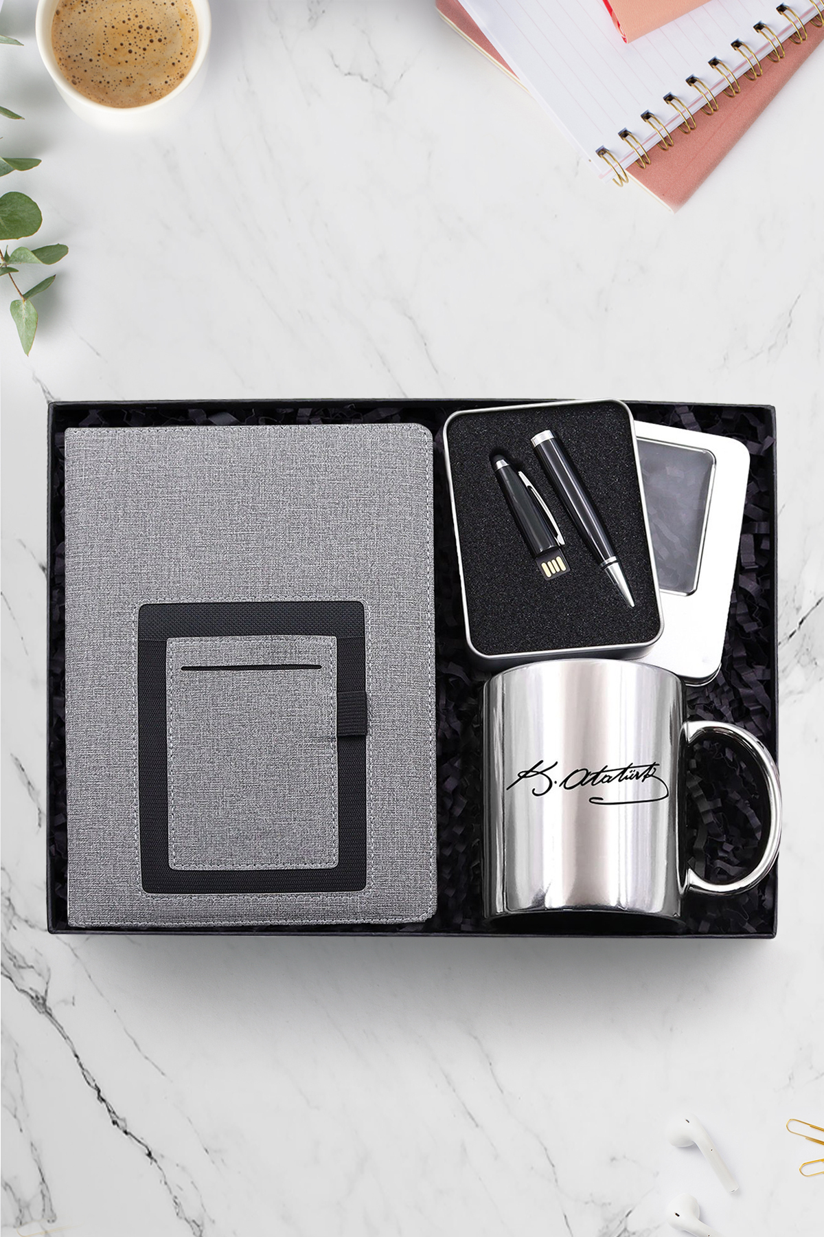 Trendmiya Telefon Cepli Gri Defter & 32 gb Usb Siyah Kalem & Atatürk İmzalı Gümüş Kupa Hediye Seti