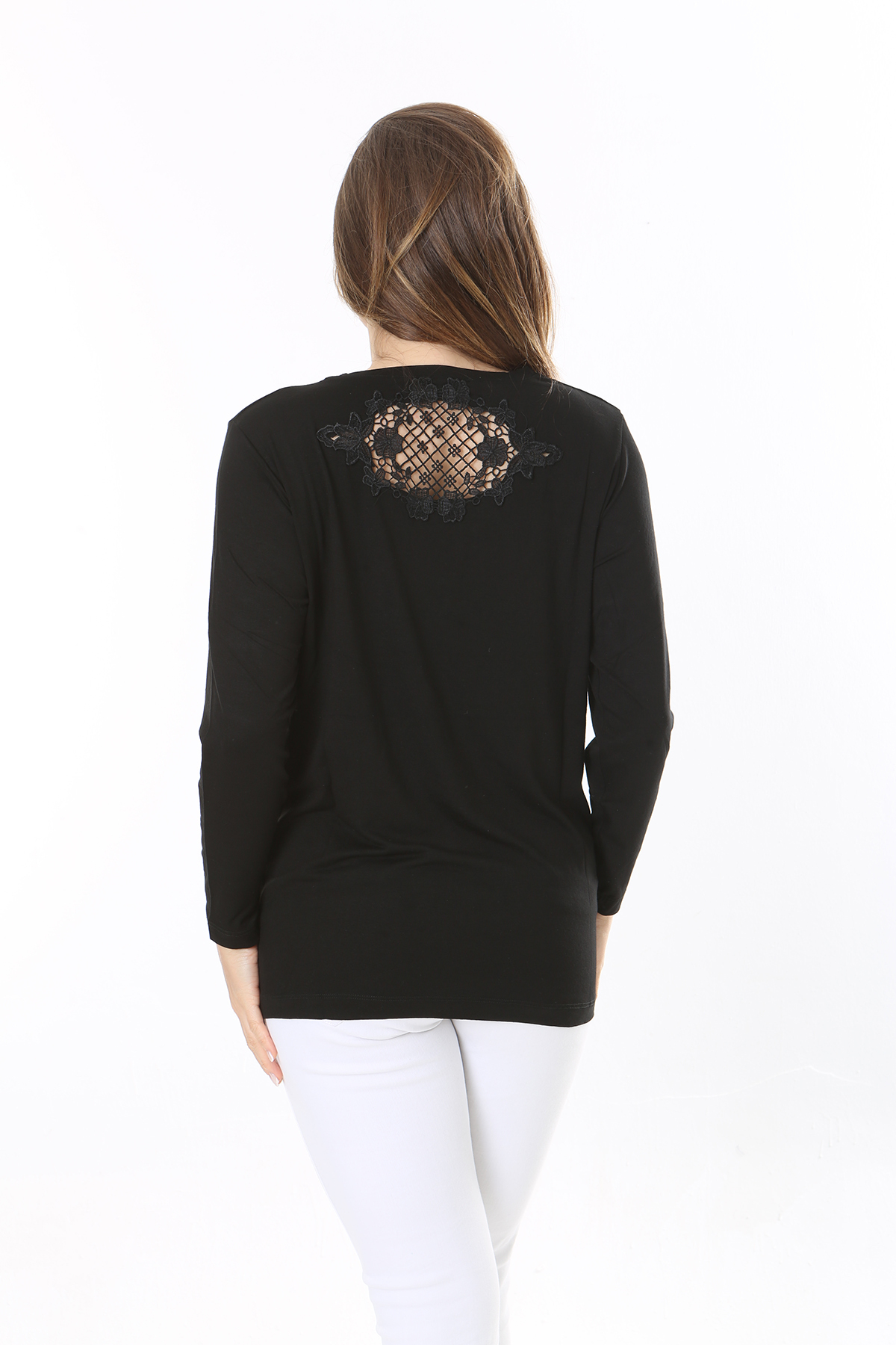 Women's Plus Size Black Front Stone and Back Lace Detailed Long Sleeve Blouse 65N37803