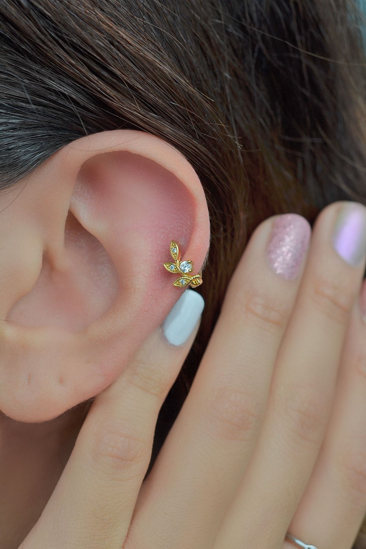 Sacce Scarves&amp;Accessories Altın Renkli Yaprak Halka Helix Kıkırdak Piercing OH10210