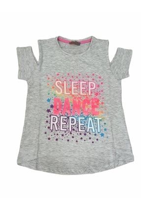 Kız Çocuk Gri Yazı Desenli Pullu Omuz Detaylı T-Shirt IRM1103C