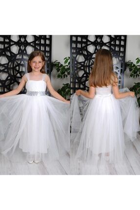 Kız Çocuk Beyaz Beli Taşlı Prenses Elbise 91740