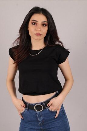 Kadın Siyah Beli Lastikli Vatkalı T-shirt MW0060