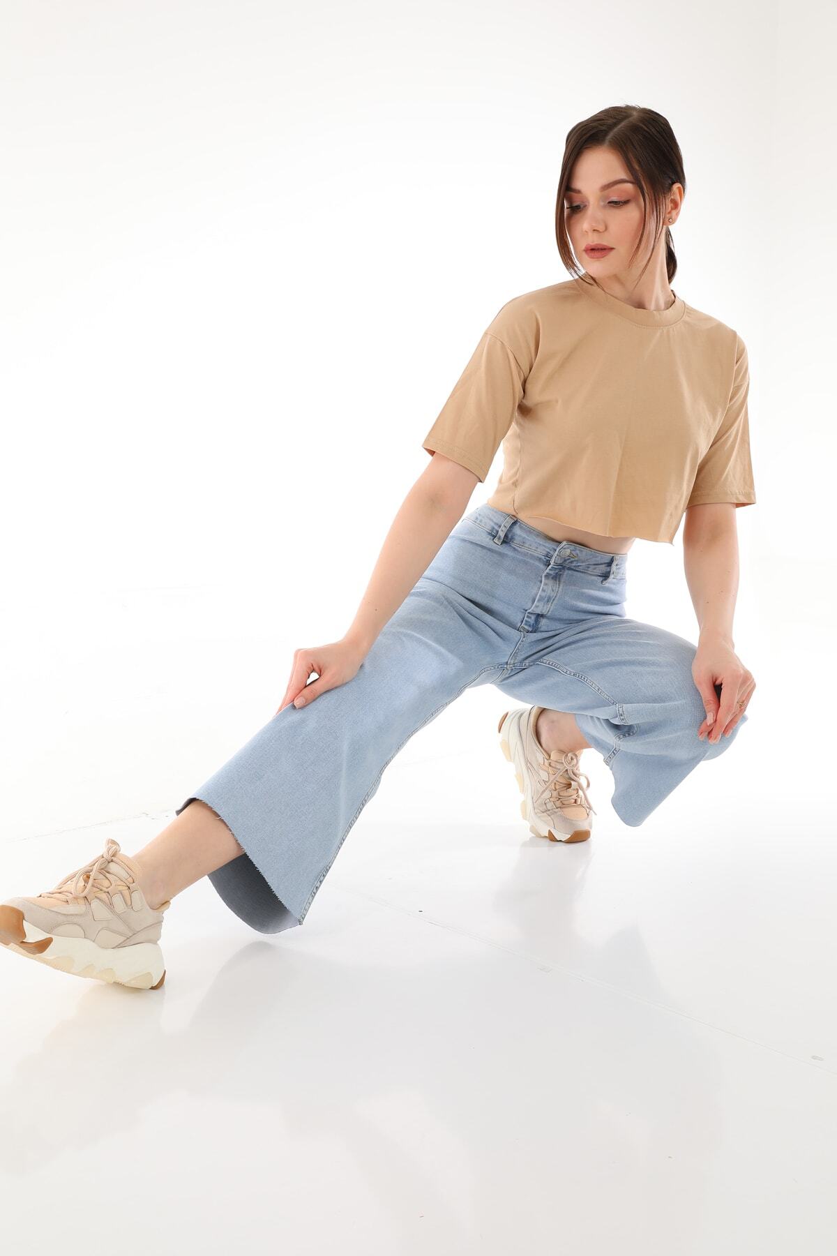 Darkly Jeans  Kadın Mavi Süper Yüksek Bel Dikişsiz Culotte Fit Pantolon - Görsel 4