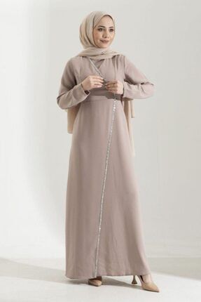 Taş Işlemeli Şık Elbise Bej Model-306
