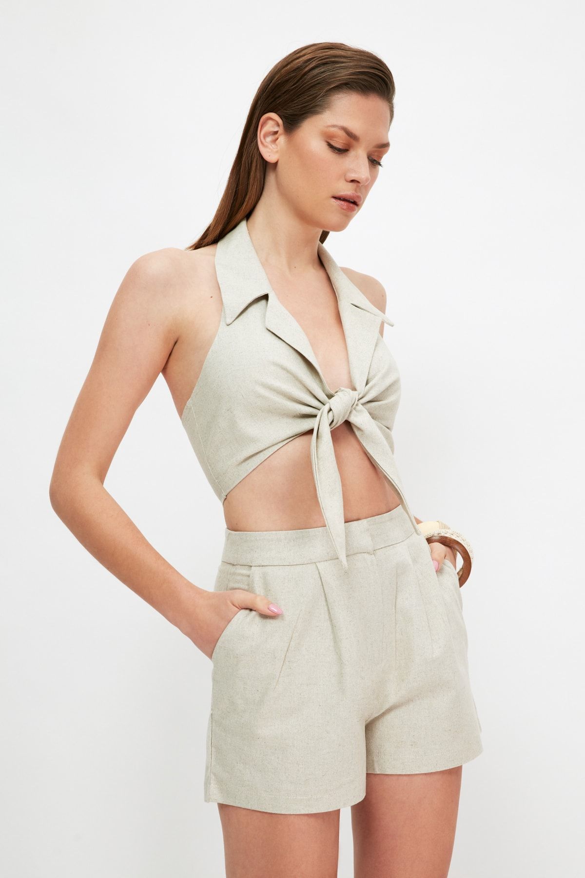 Trendyol Collection-Bluză din amestec de in țesut bej Pantaloni Costum de plajă TBESS21AU0298 14