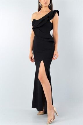 Esnek Krep Kumaş Tek Omuz Detaylı Siyah Uzun Abiye Elbise Black Maxi Prom Dress Emr-024 TKN-GOS-1