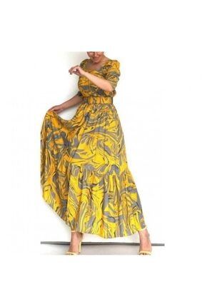 170 Sarı Desenli Kare Yaka Uzun Elbise CABA17038