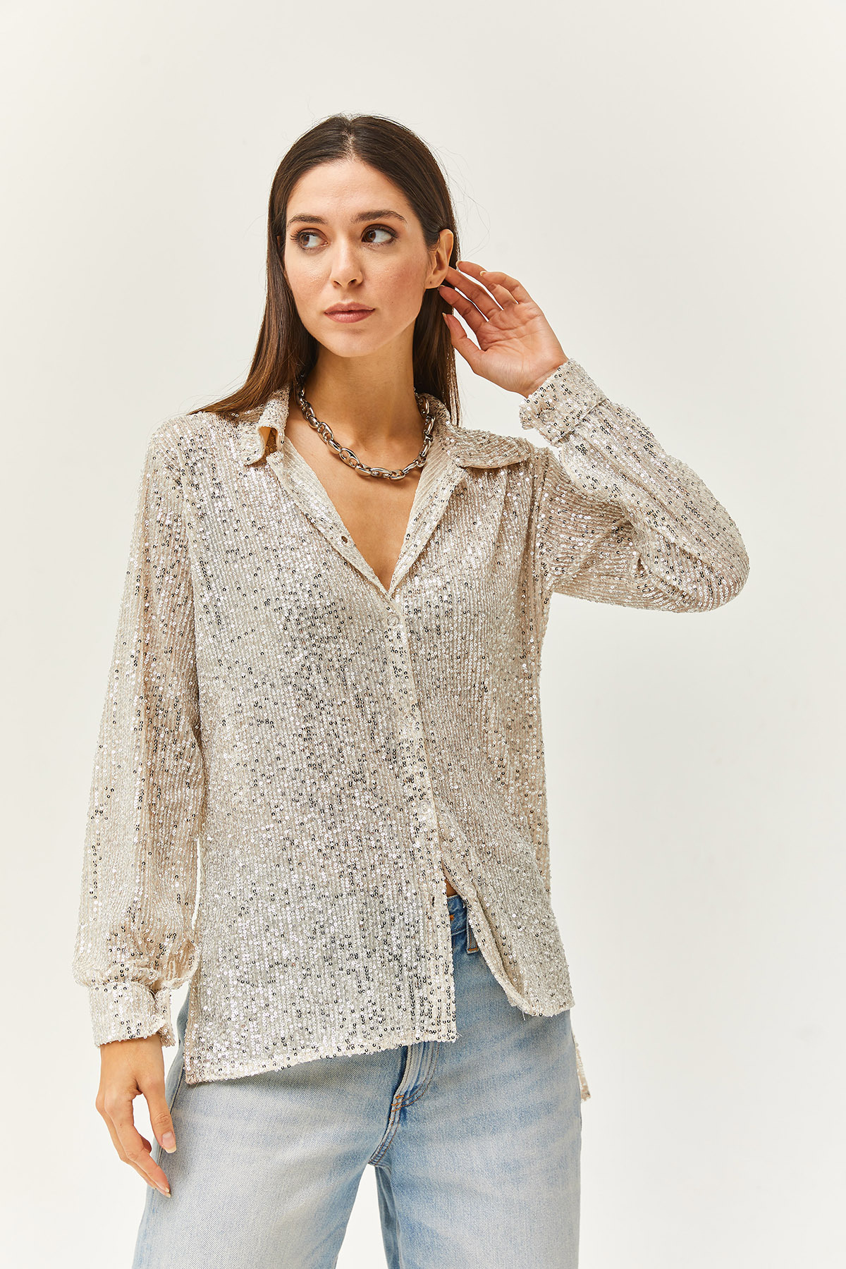 Thil  Kadın Uzun Kollu Payetli Gömlek 2415-THL - Görsel 4