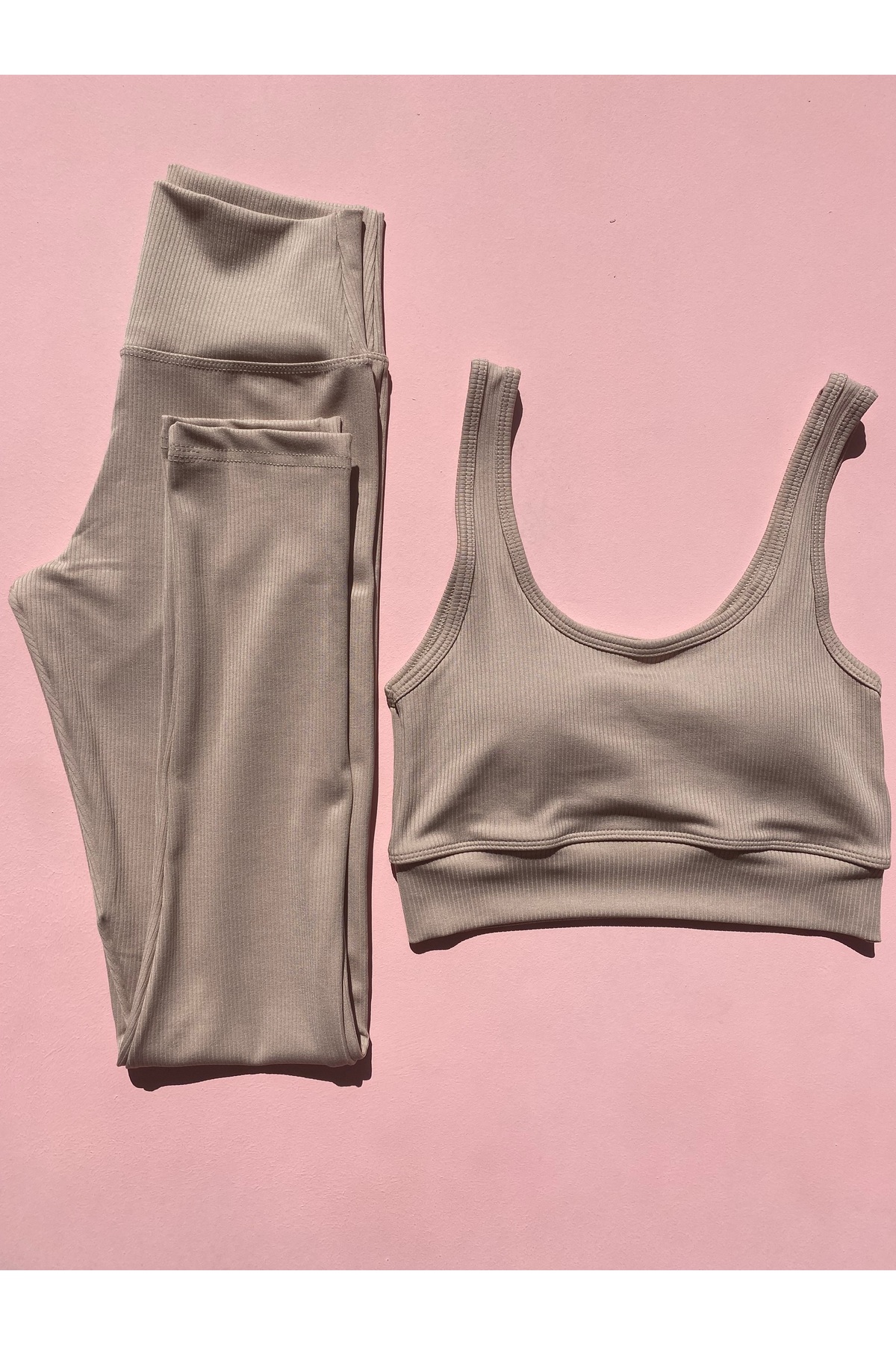 LEYNA BUTİK Kadın Taşgri Yüksek Bel Toparlayıcı Fitilli Spor Tayt Ve Pedli Crop Takım