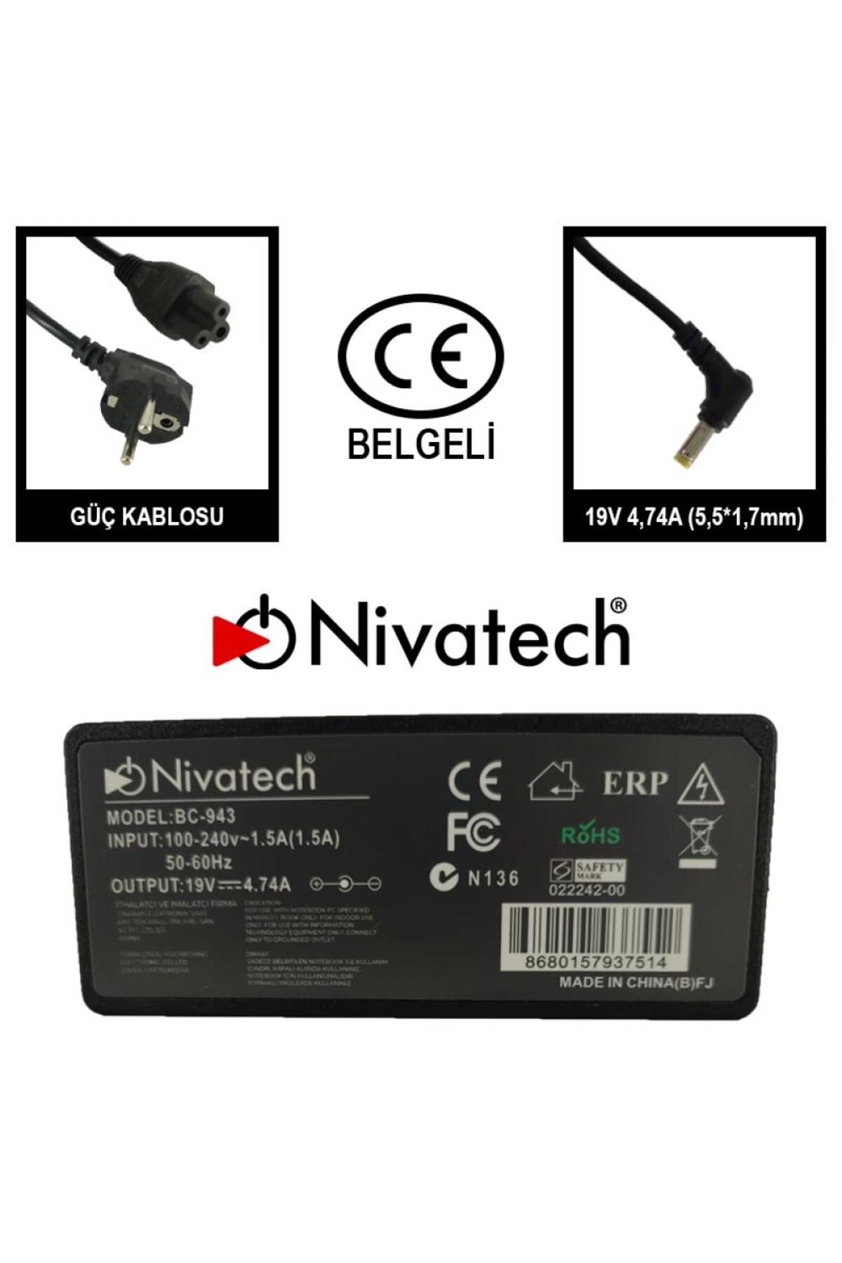 NIVATECH ACER TRAVEL MATE UYUMLU ŞARJ ADAPTÖRÜ 19 V 4,74 A (5.5X1