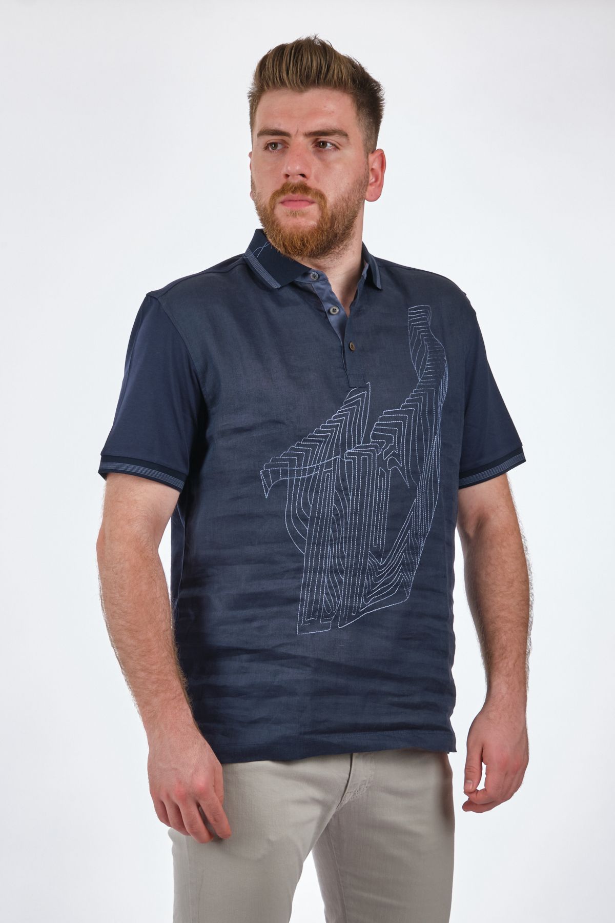 Gallus-Tricou 100% bumbac pentru bărbați, albastru bleumarin închis, gât polo 23ms8637 2