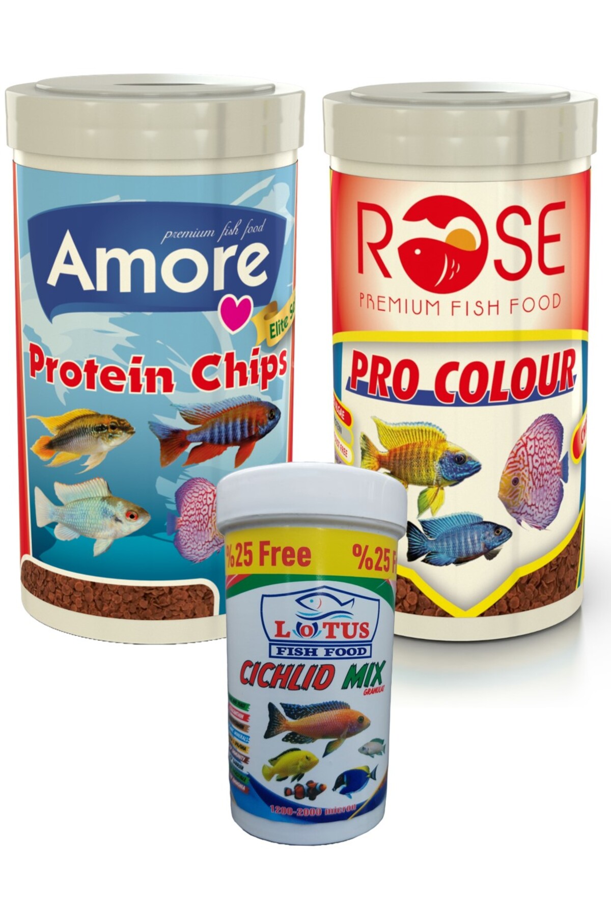 AMORE Protein Pro Flat Chips 250ml, Rose Pro Colour 250ml, Lotus Ciklet Mix 125ml Kutu Karışık Balık Yemi